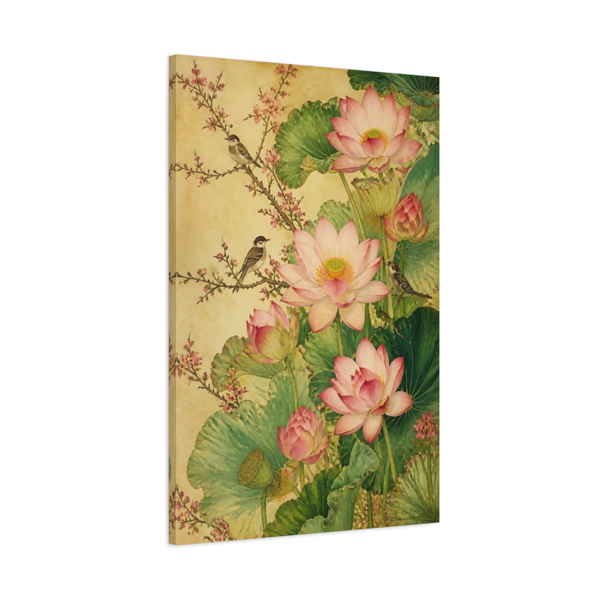 Main Mockup. Pink Lotus With Birds shown as canvas print