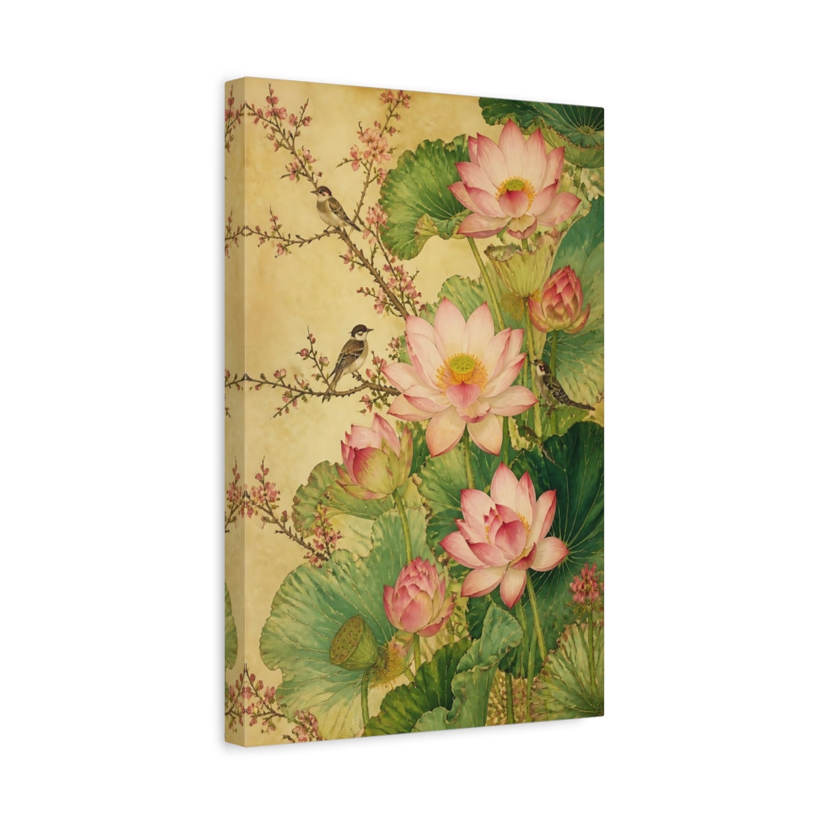 Side Mockup 4. Pink Lotus With Birds shown as canvas print