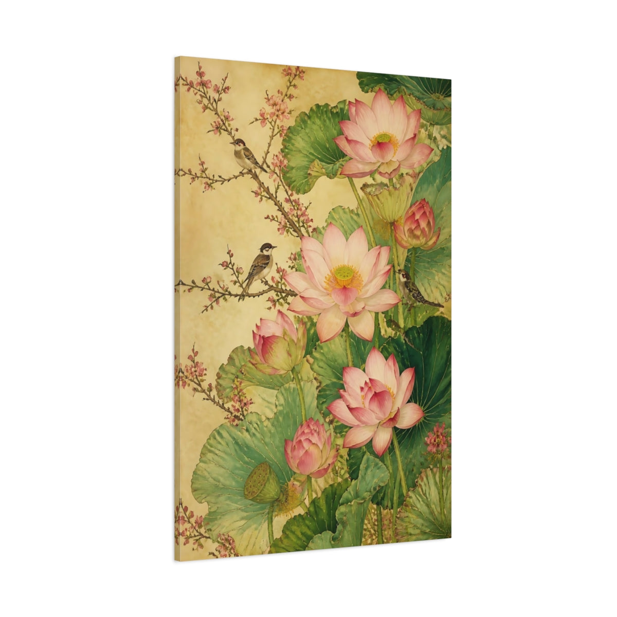 Side Mockup 1. Pink Lotus With Birds shown as canvas print