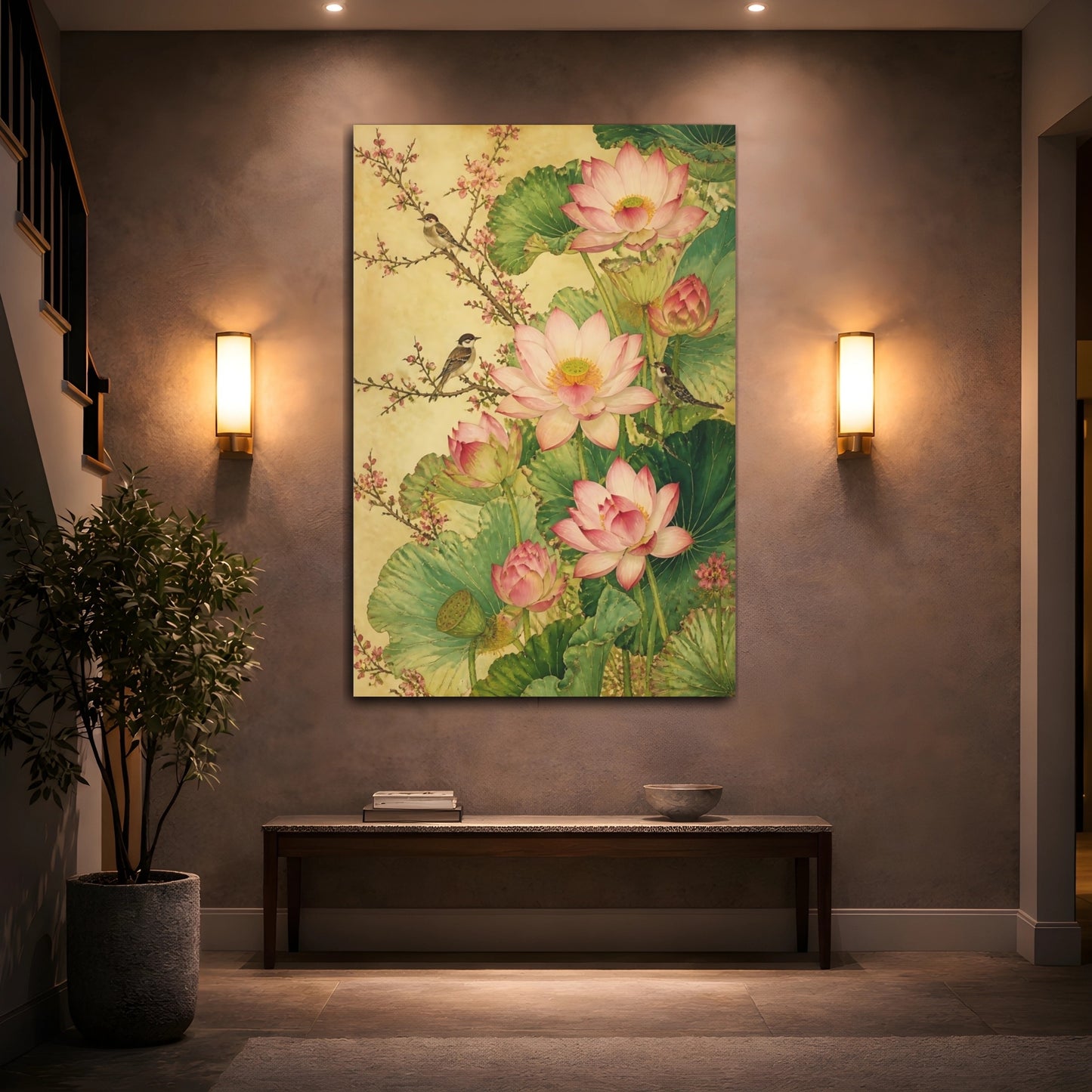 Mockup 2. Pink Lotus With Birds shown as canvas print