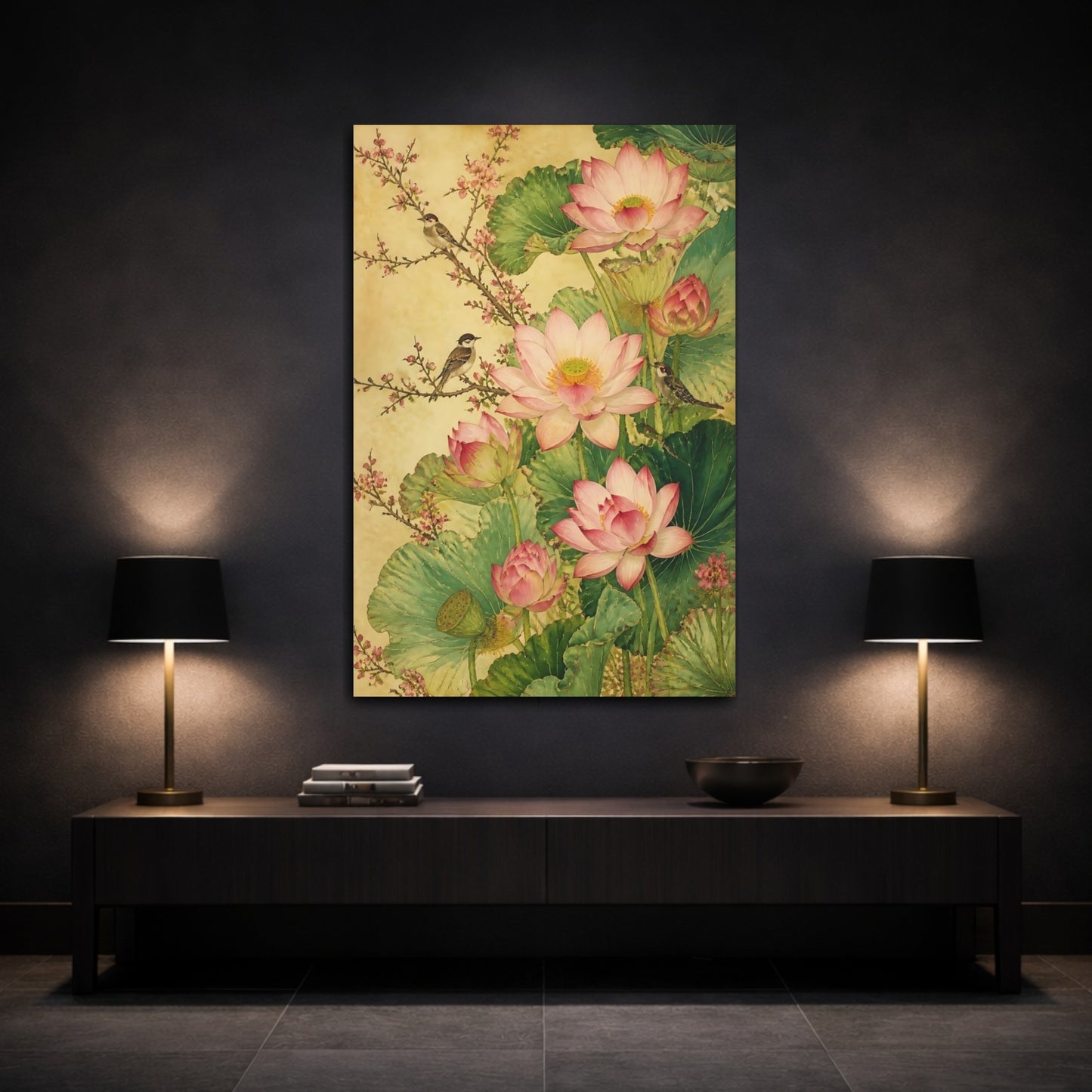 Mockup 3. Pink Lotus With Birds shown as canvas print