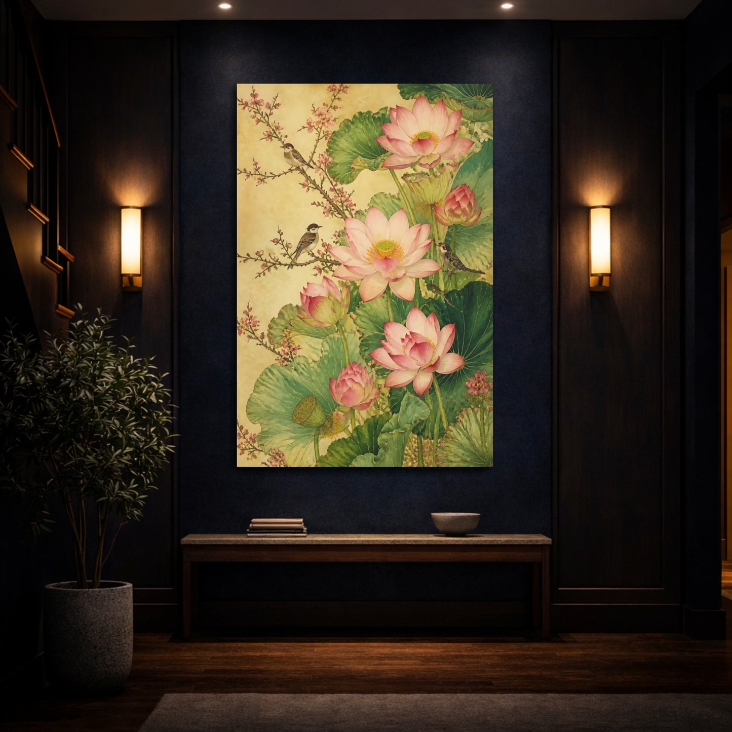 Mockup 4. Pink Lotus With Birds shown as canvas print