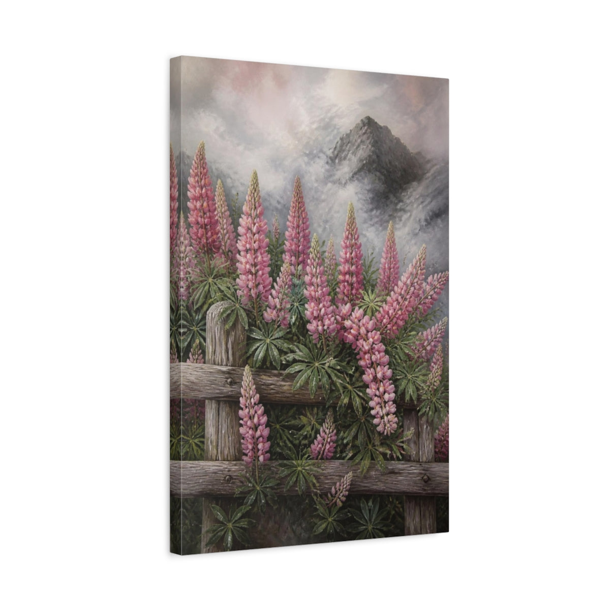 Side Mockup 3. Pink Lupine Flowers shown as canvas print