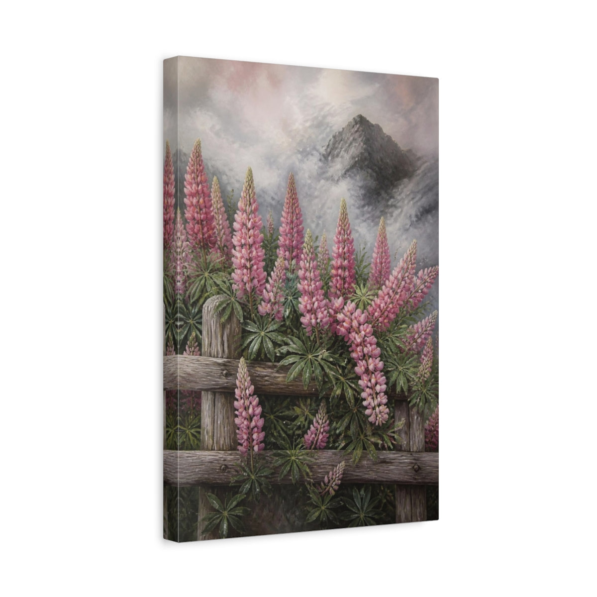 Side Mockup 4. Pink Lupine Flowers shown as canvas print
