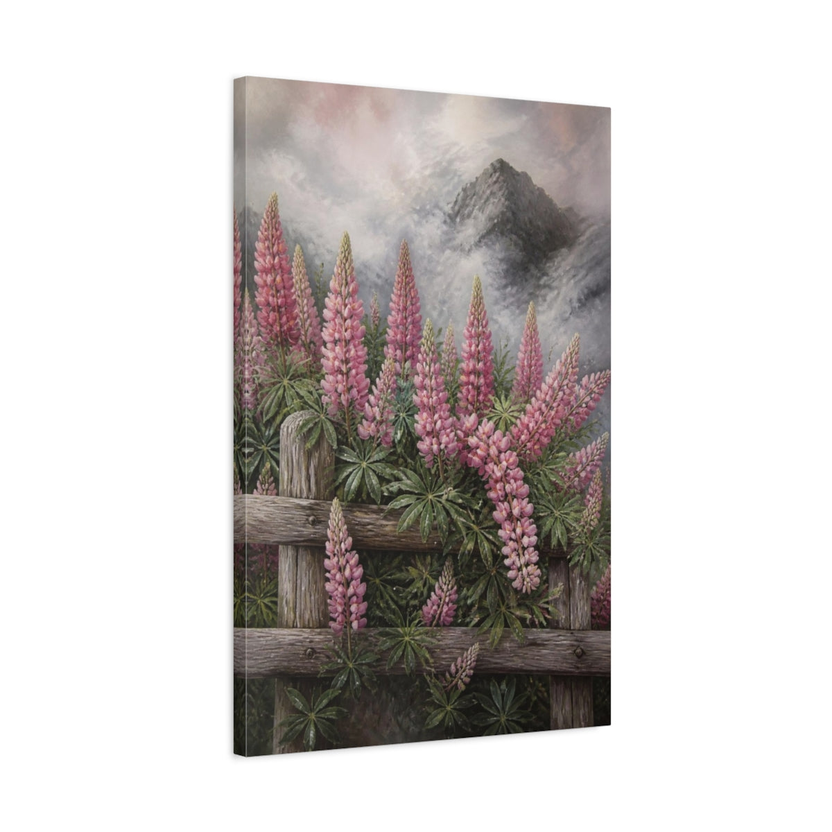 Side Mockup 2. Pink Lupine Flowers shown as canvas print