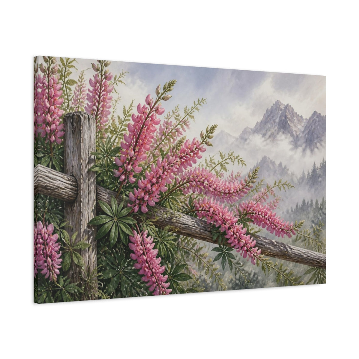 Main Mockup. Pink Lupines By Mountain Fence shown as canvas print
