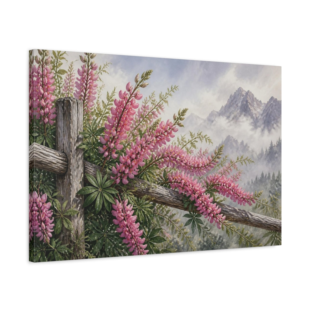 Side Mockup 2. Pink Lupines By Mountain Fence shown as canvas print