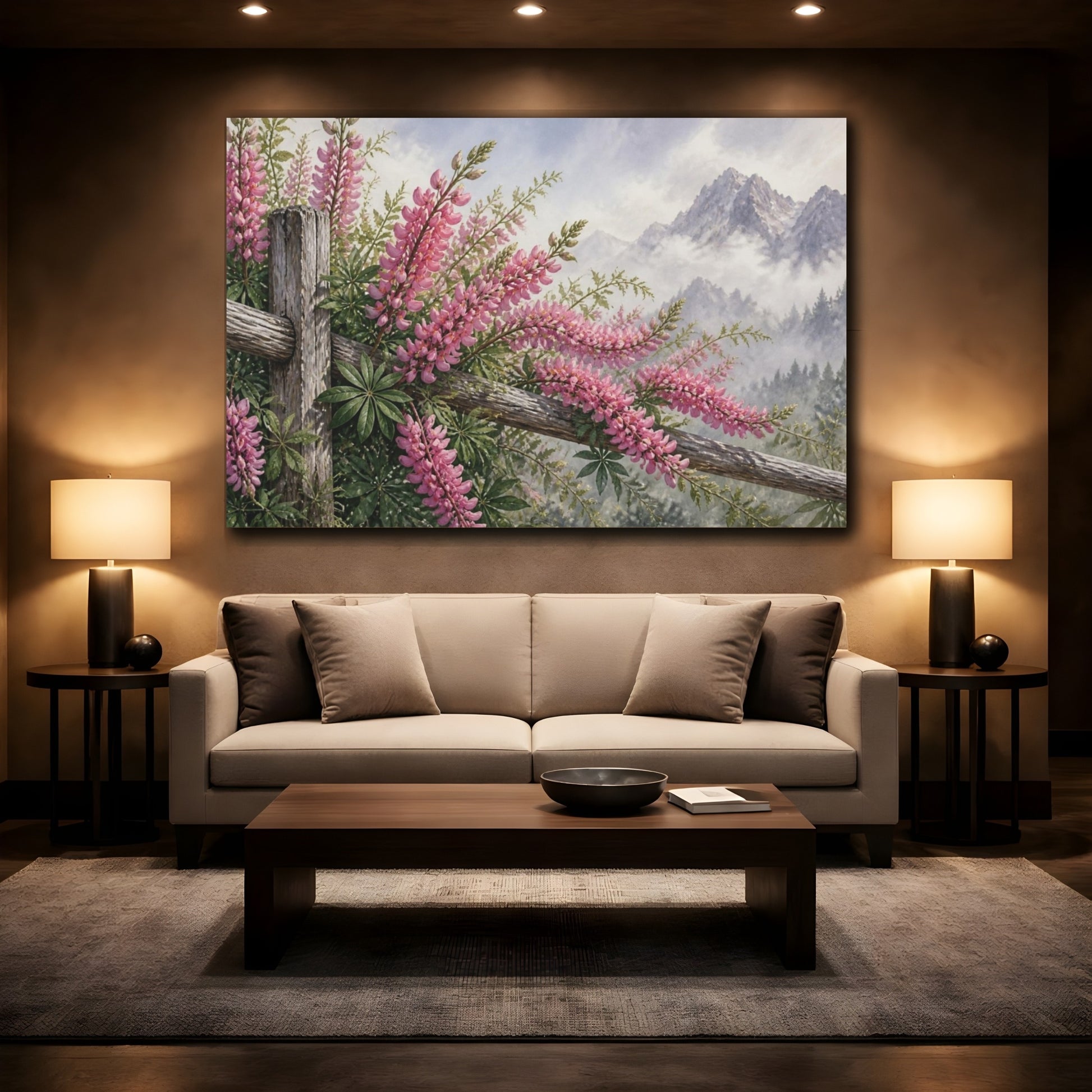 Mockup 2. Pink Lupines By Mountain Fence shown as canvas print