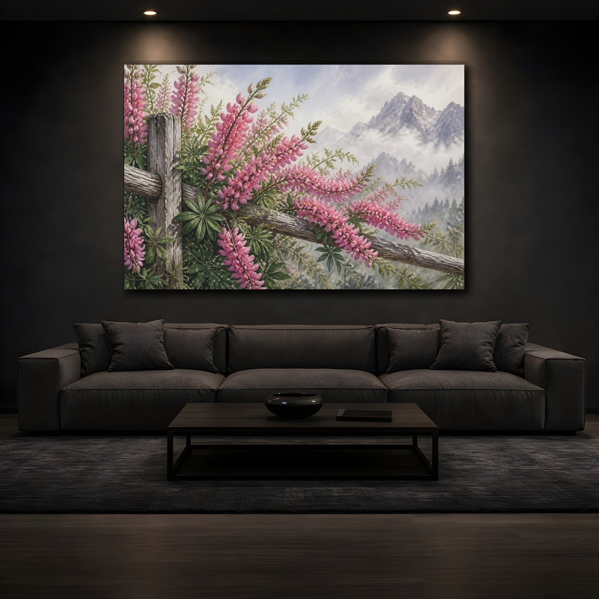 Mockup 3. Pink Lupines By Mountain Fence shown as canvas print