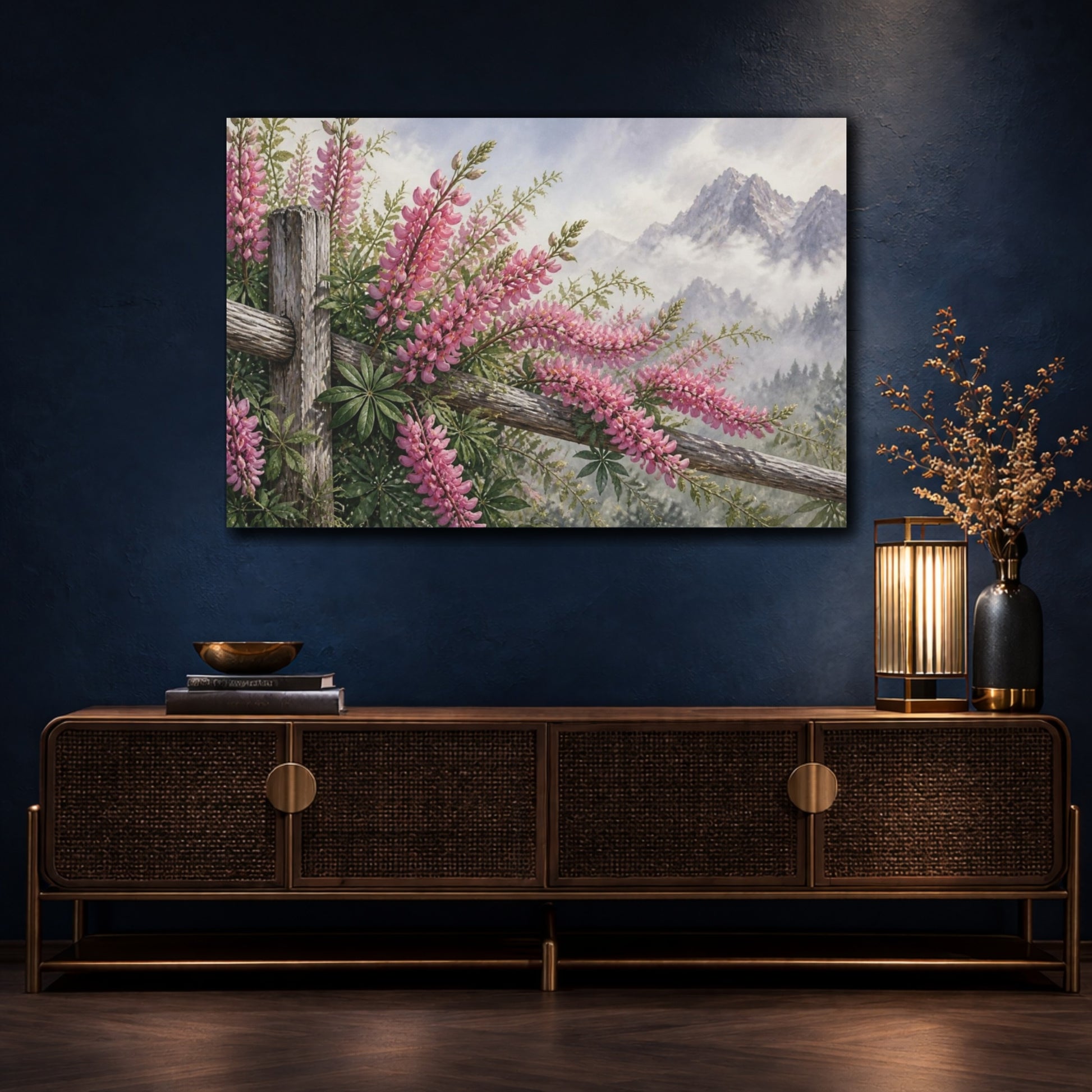 Mockup 4. Pink Lupines By Mountain Fence shown as canvas print