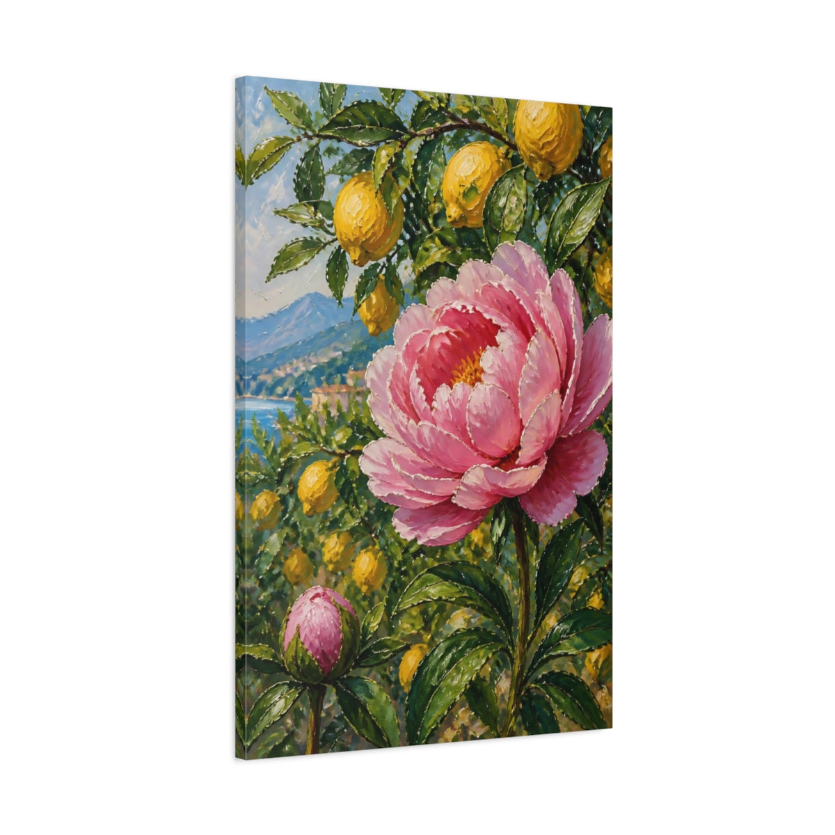 Main Mockup. Pink Peony Flower With Lemons shown as canvas print