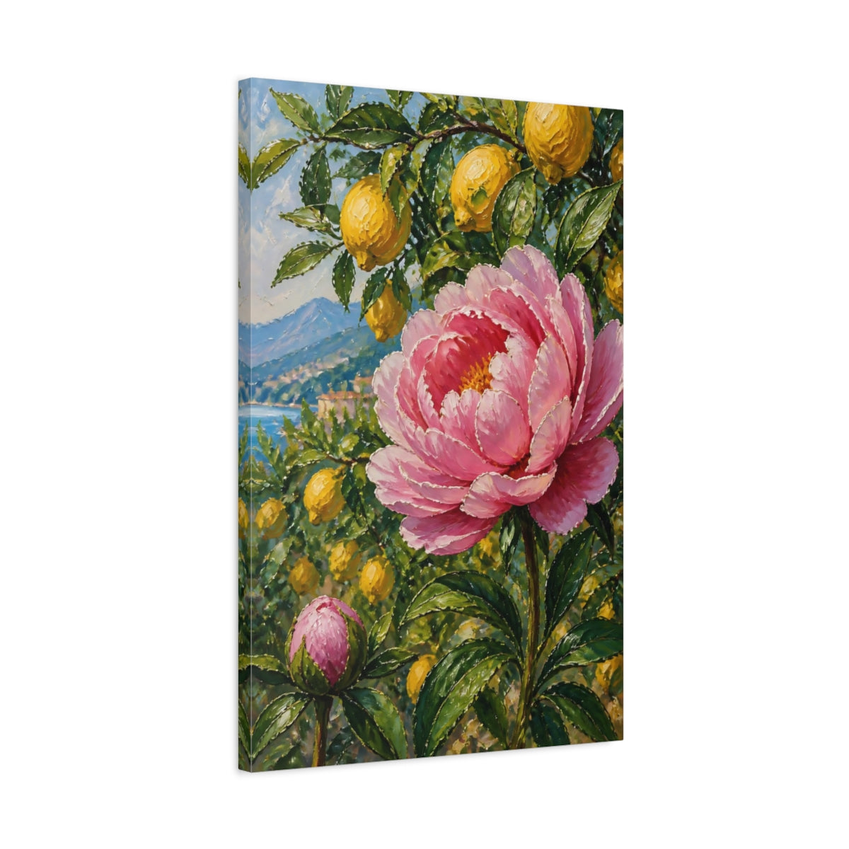 Side Mockup 2. Pink Peony Flower With Lemons shown as canvas print