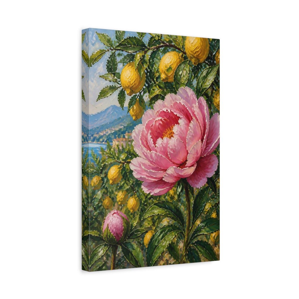 Side Mockup 4. Pink Peony Flower With Lemons shown as canvas print