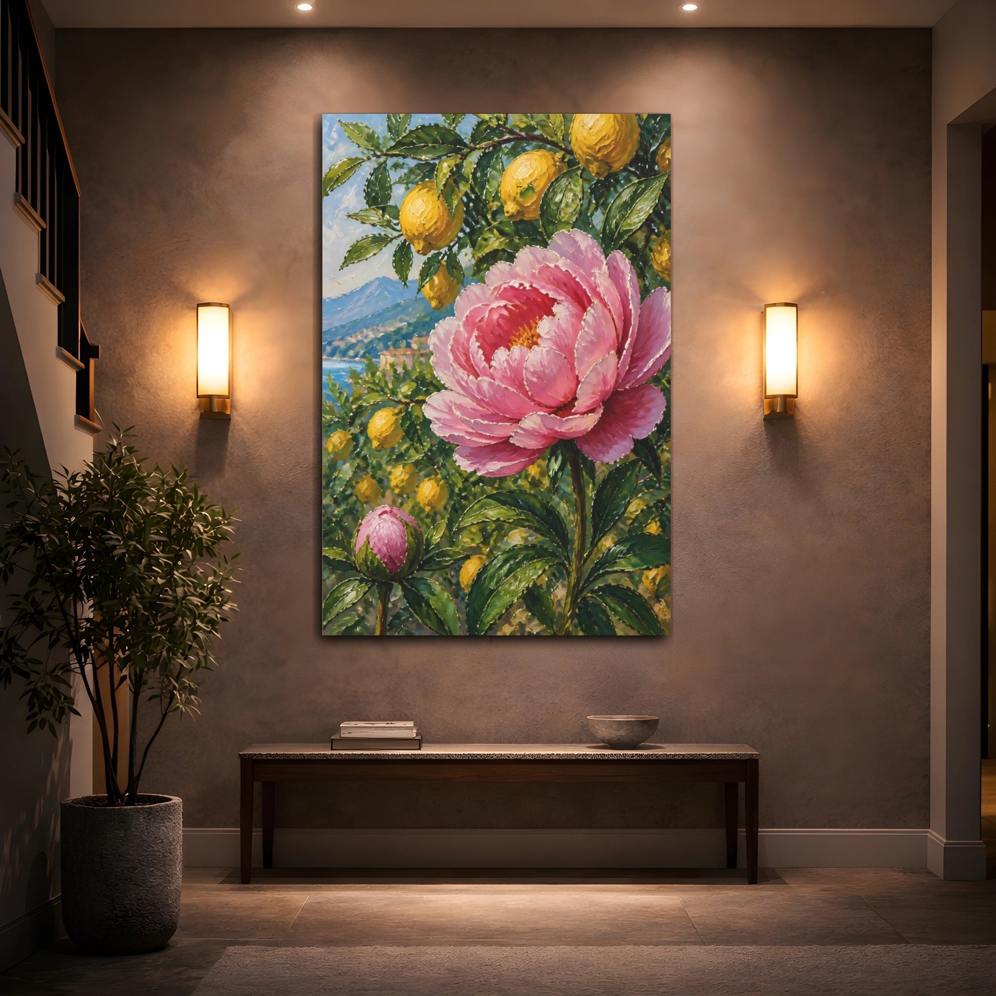 Mockup 2. Pink Peony Flower With Lemons shown as canvas print