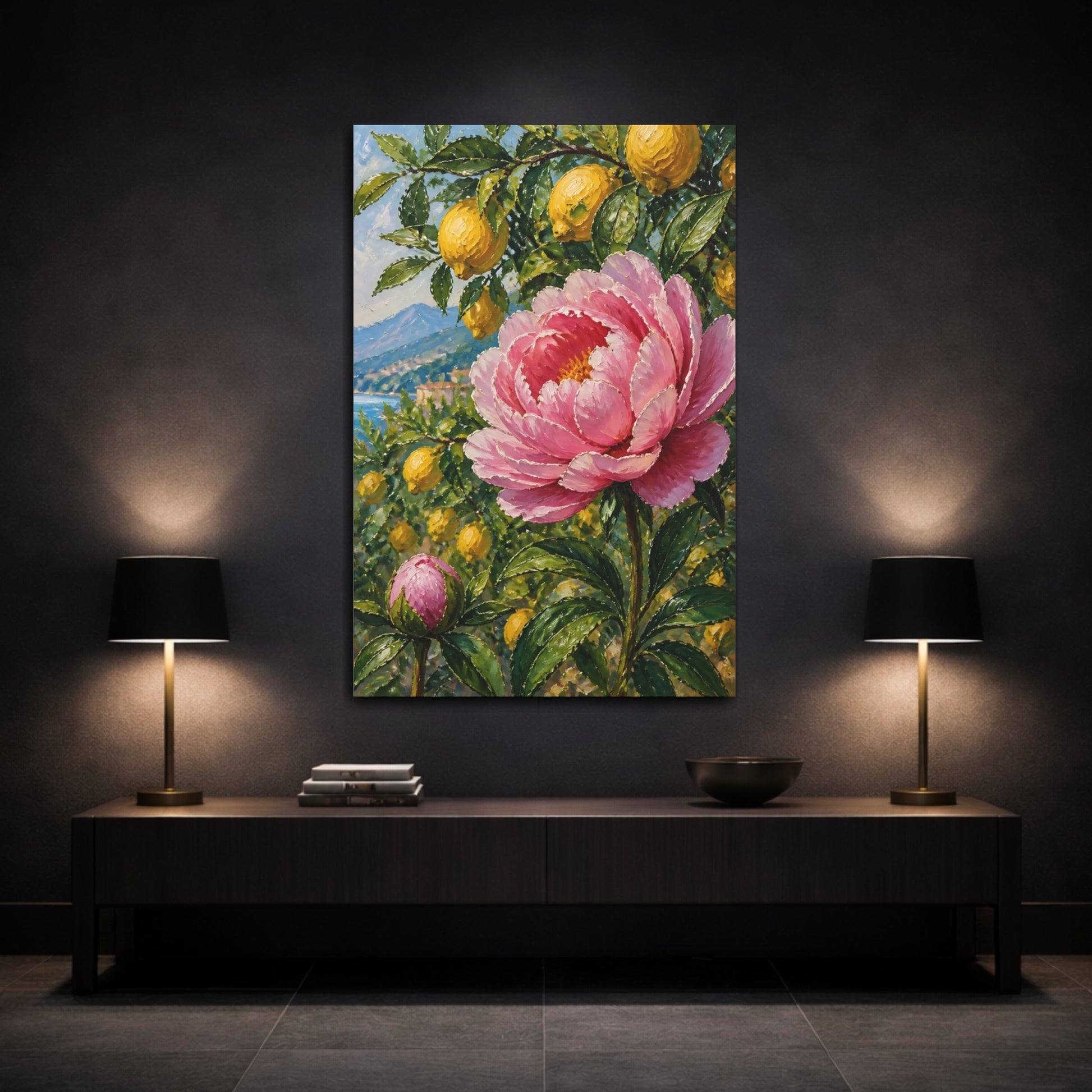 Mockup 3. Pink Peony Flower With Lemons shown as canvas print