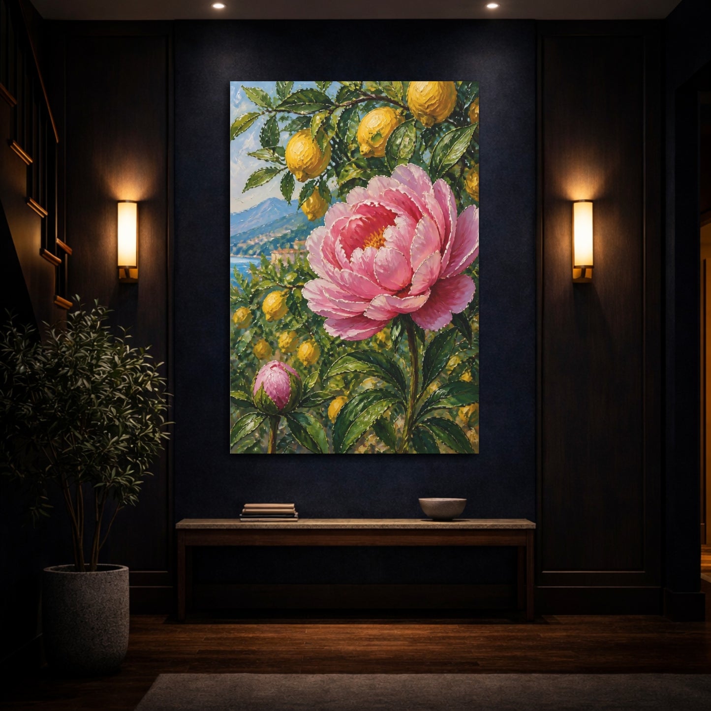 Mockup 4. Pink Peony Flower With Lemons shown as canvas print