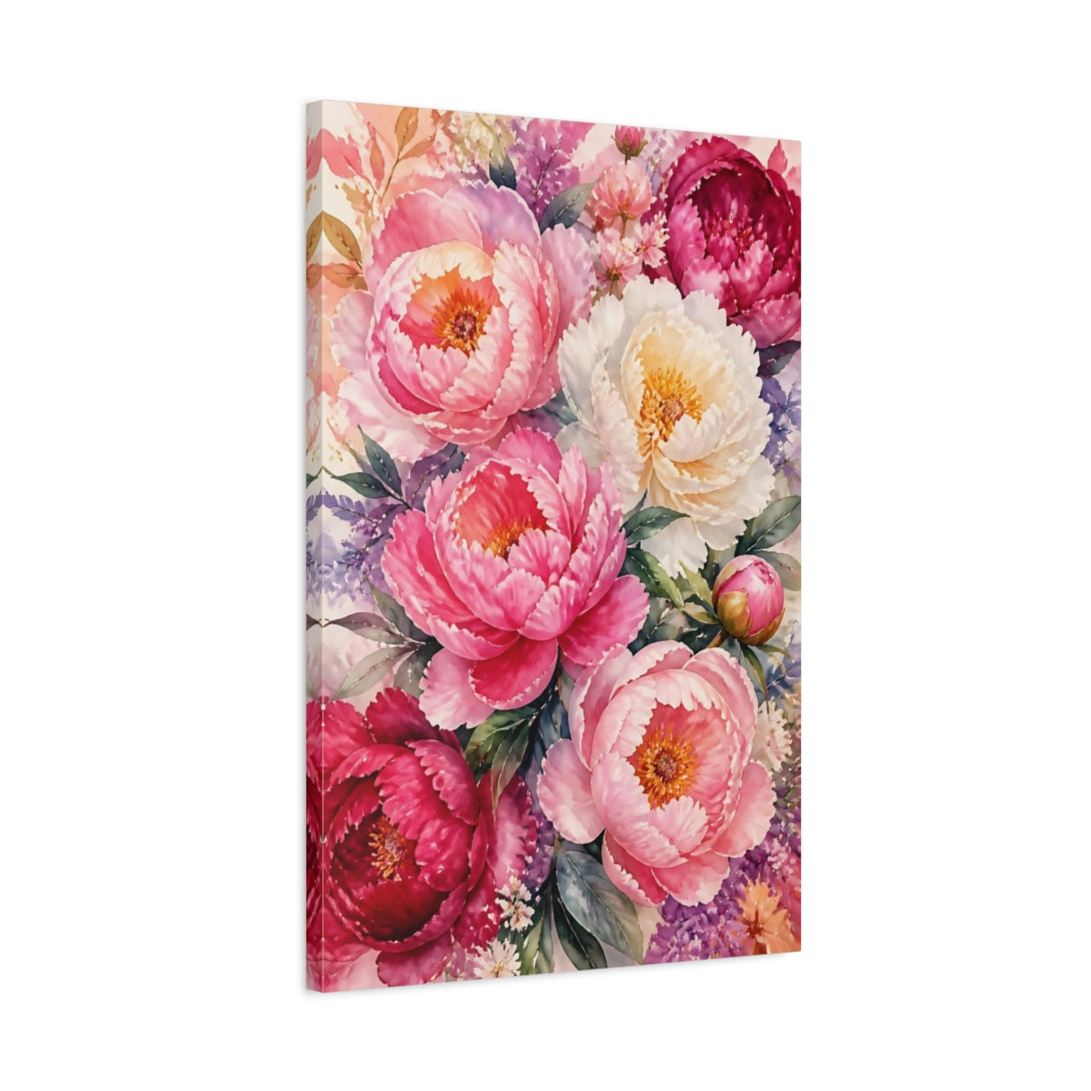 Side Mockup 2. Pink Peony Flowers shown as canvas print