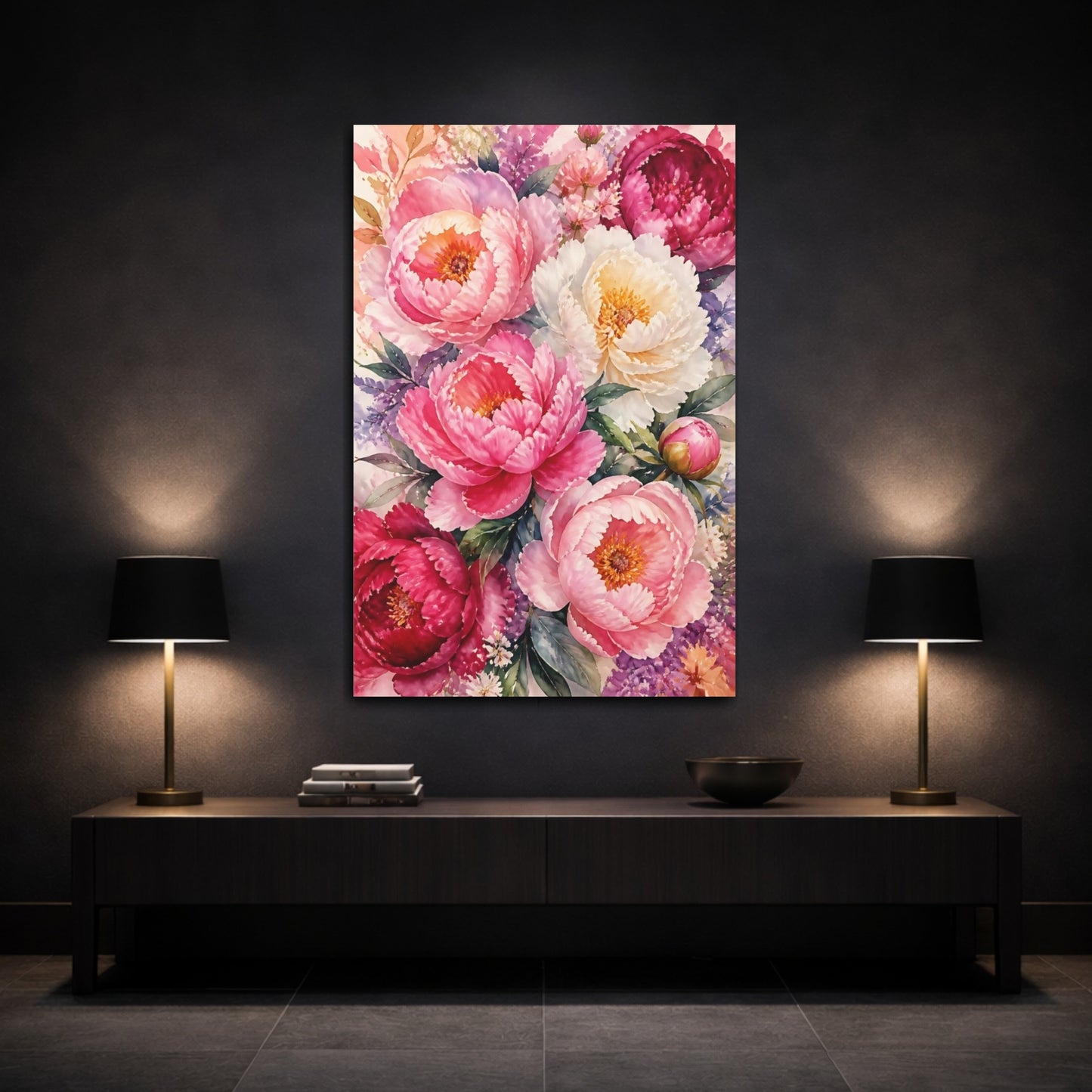 Mockup 3. Pink Peony Flowers shown as canvas print