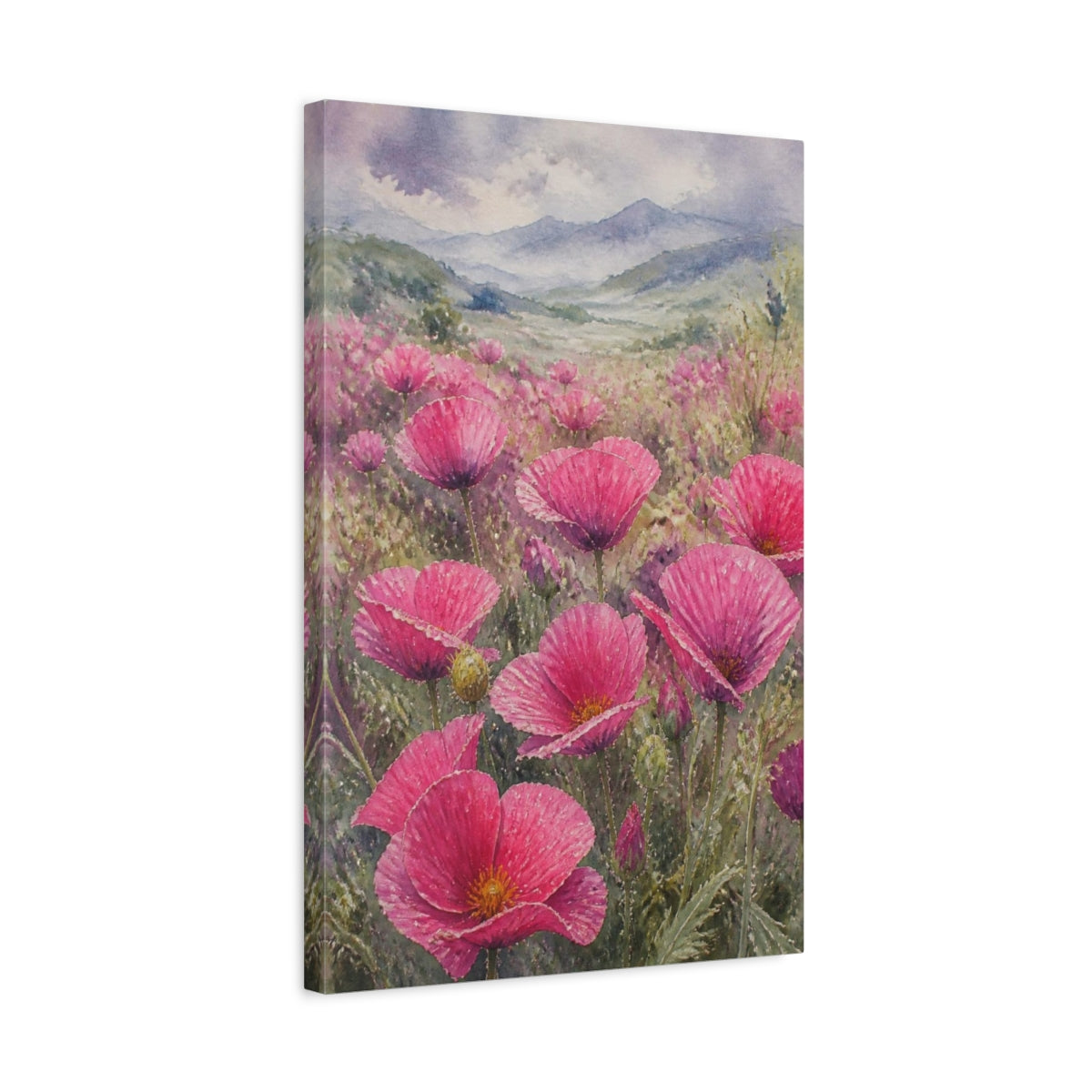 Side Mockup 3. Pink Poppy Flowers Field shown as canvas print