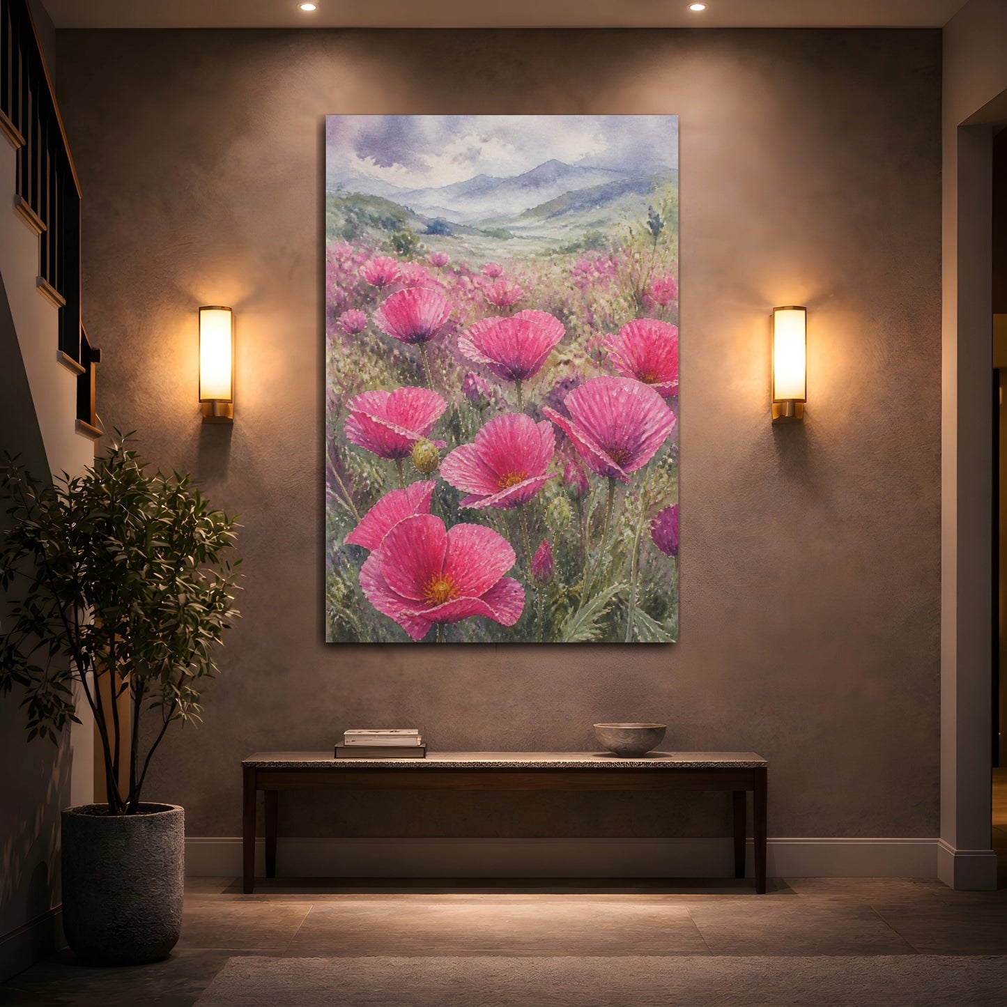 Mockup 2. Pink Poppy Flowers Field shown as canvas print