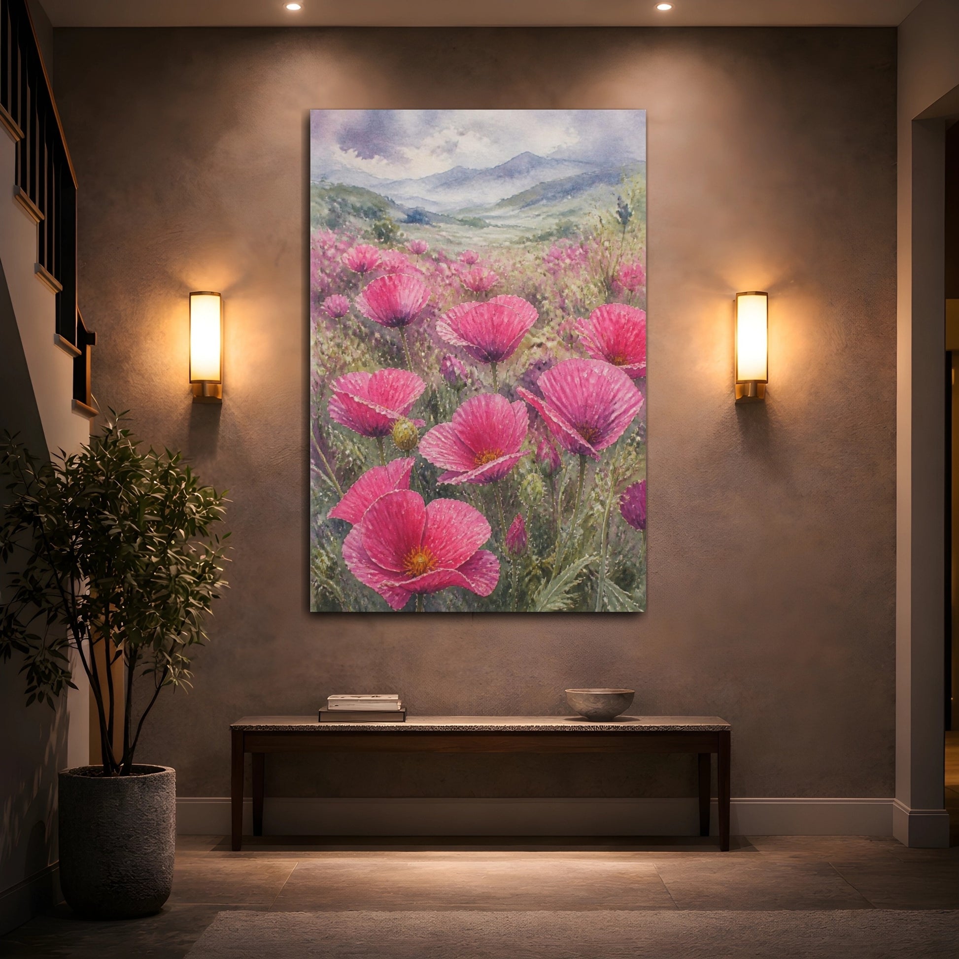 Mockup 2. Pink Poppy Flowers Field shown as canvas print