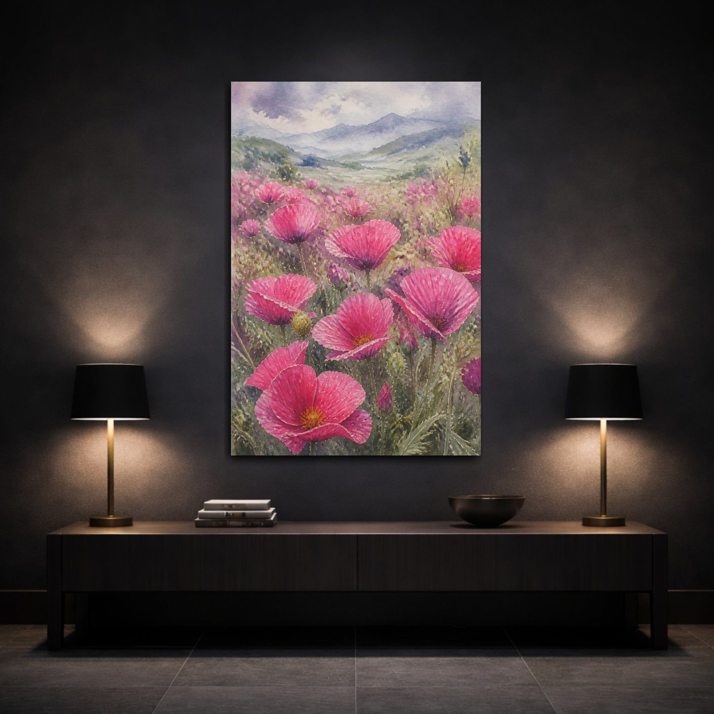 Mockup 3. Pink Poppy Flowers Field shown as canvas print
