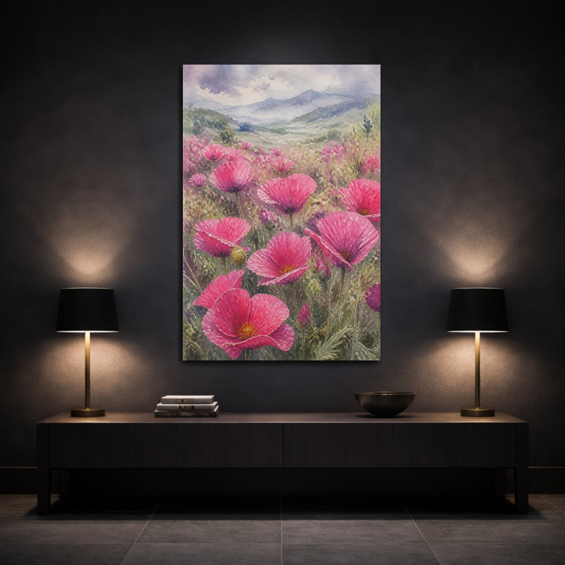 Mockup 3. Pink Poppy Flowers Field shown as canvas print