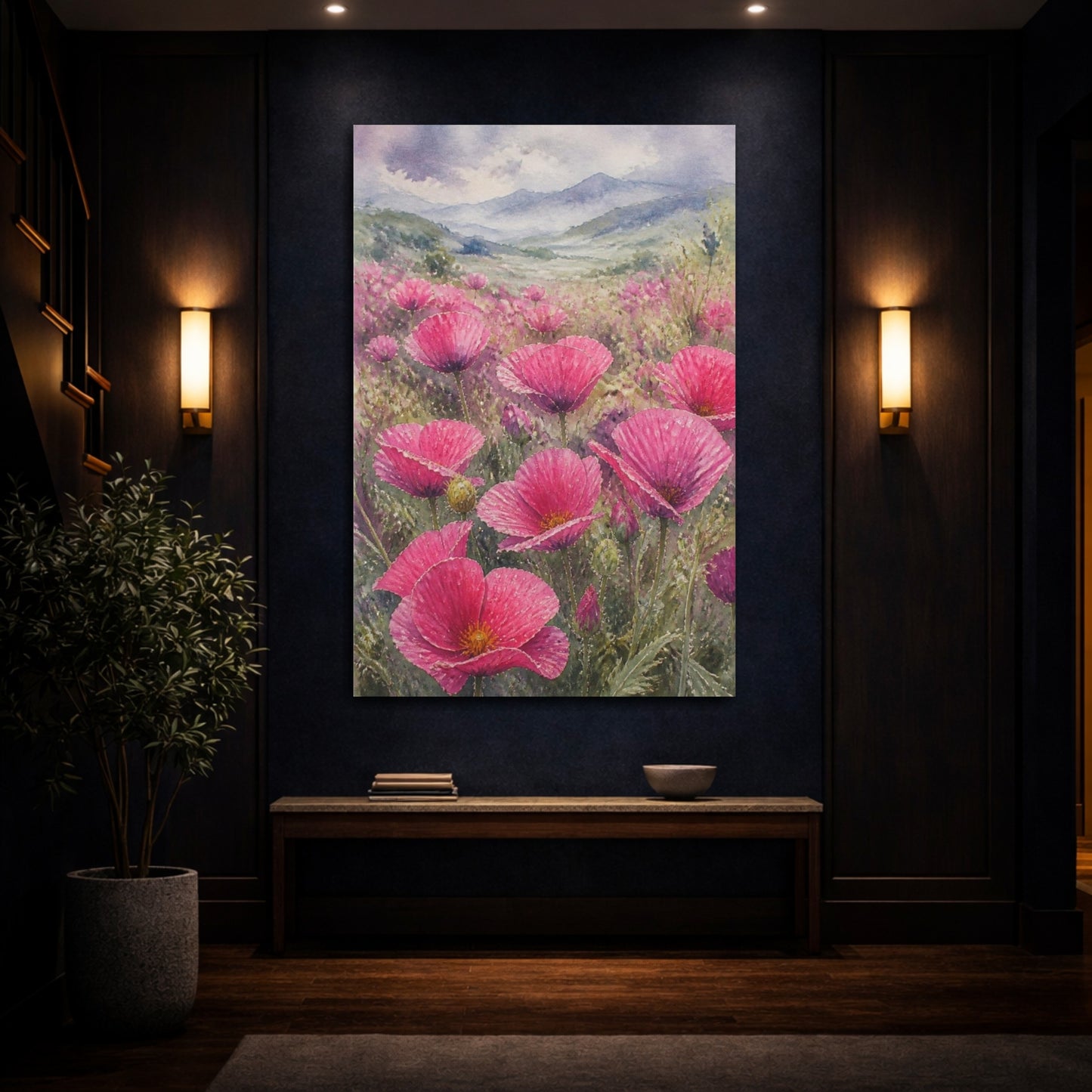 Mockup 4. Pink Poppy Flowers Field shown as canvas print