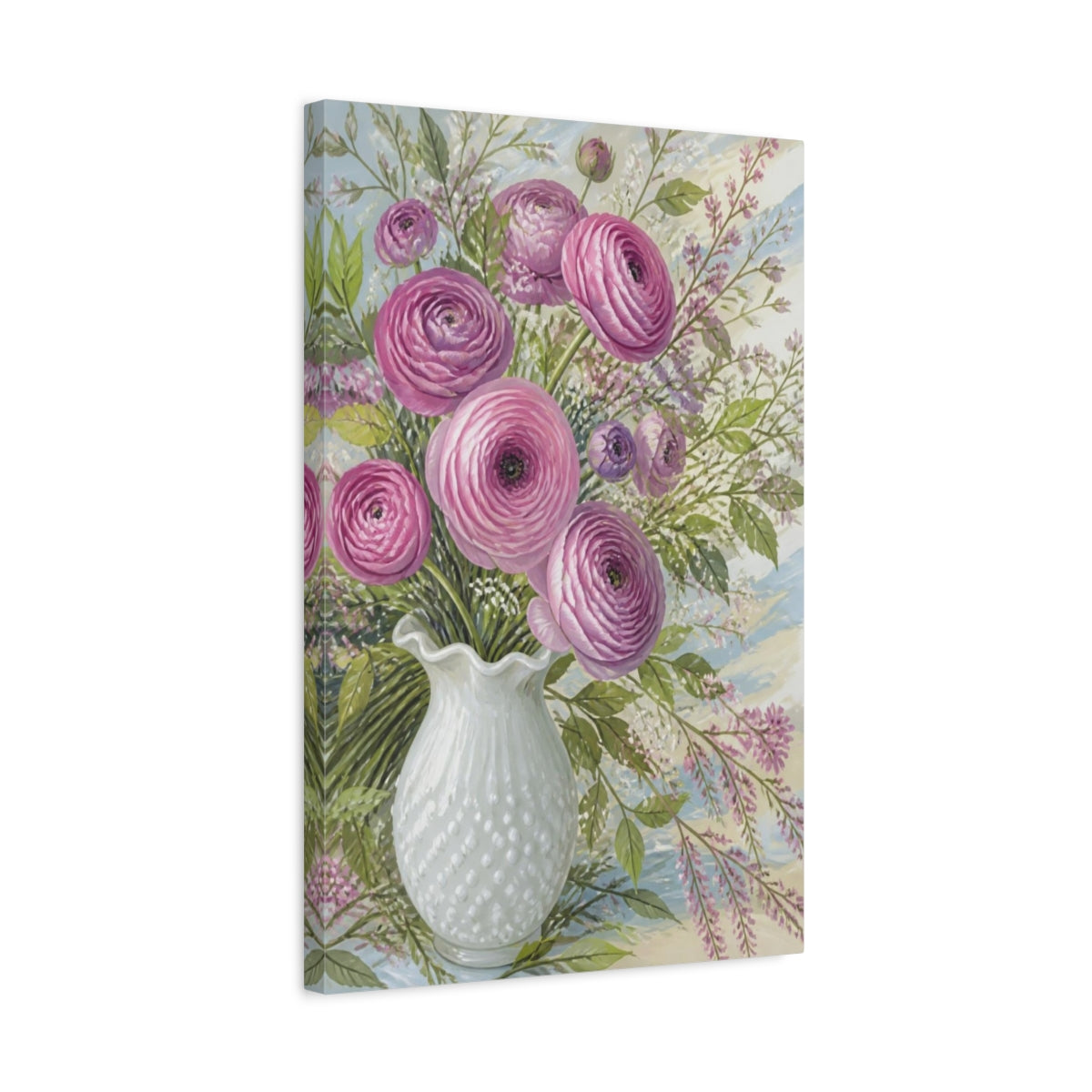 Side Mockup 3. Pink Ranunculus Flowers shown as canvas print