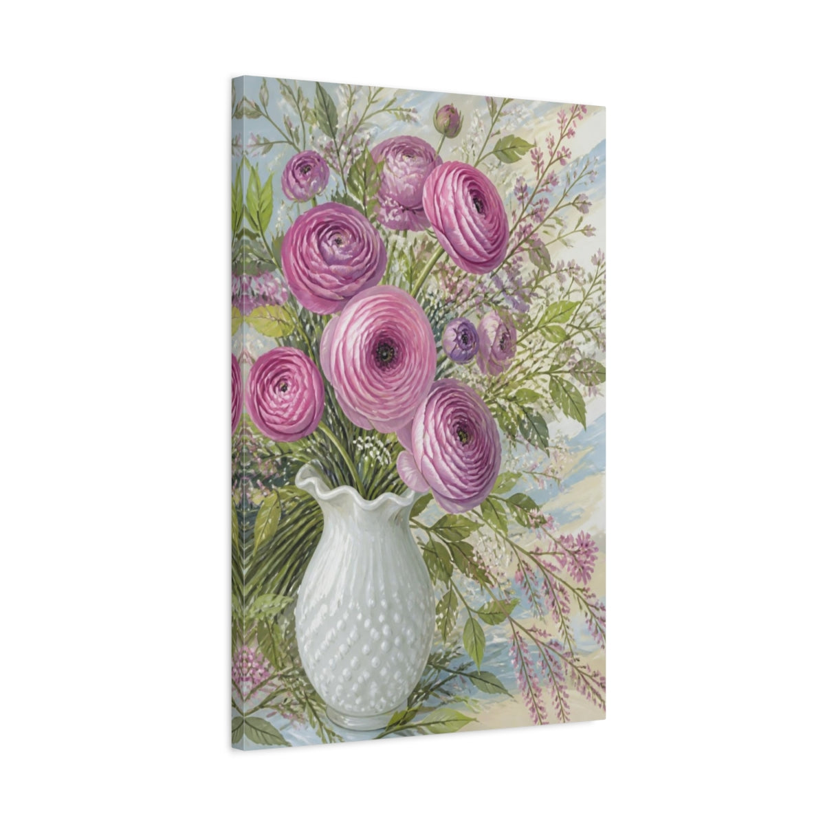 Side Mockup 2. Pink Ranunculus Flowers shown as canvas print