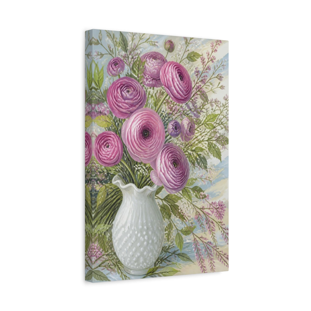 Side Mockup 4. Pink Ranunculus Flowers shown as canvas print