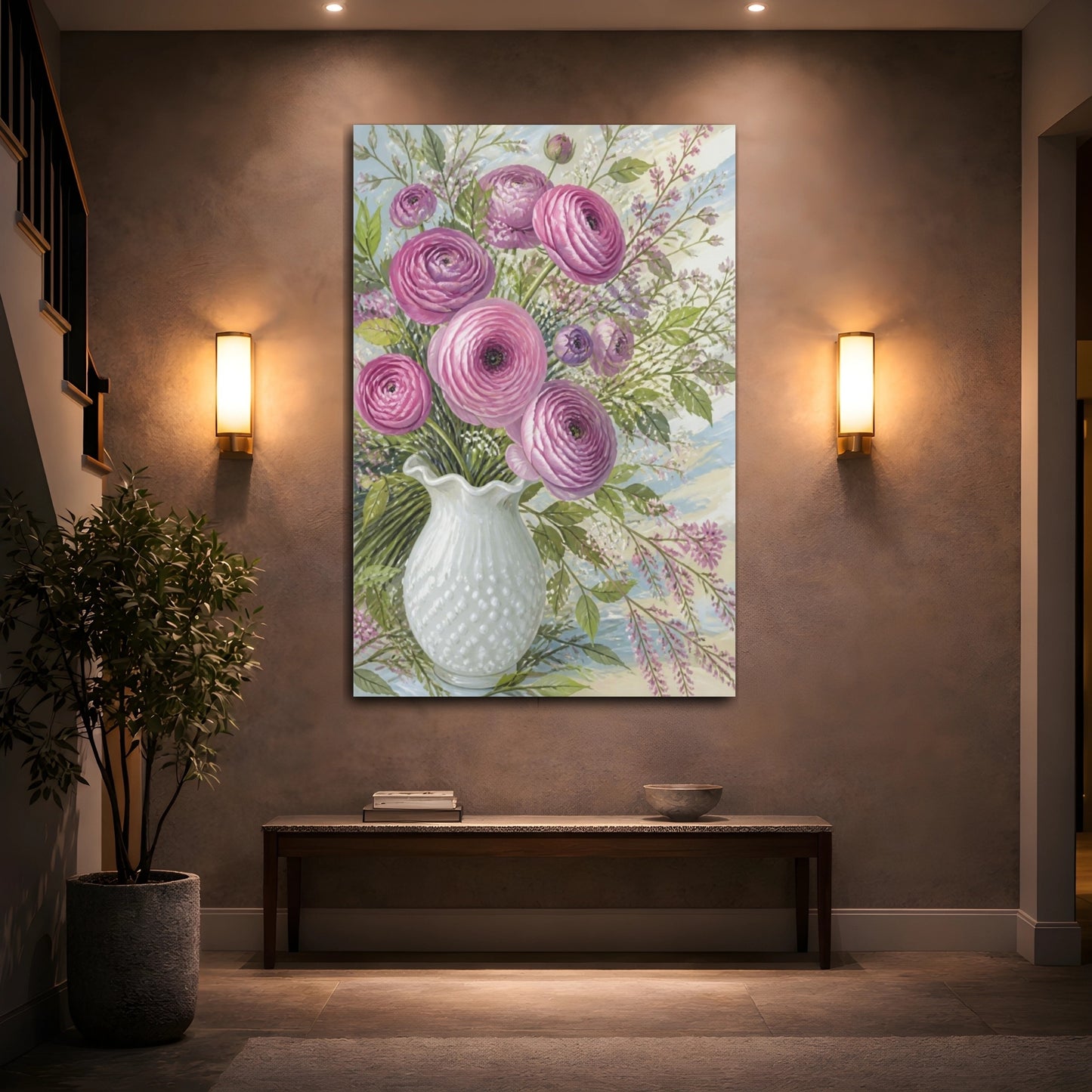 Mockup 2. Pink Ranunculus Flowers shown as canvas print