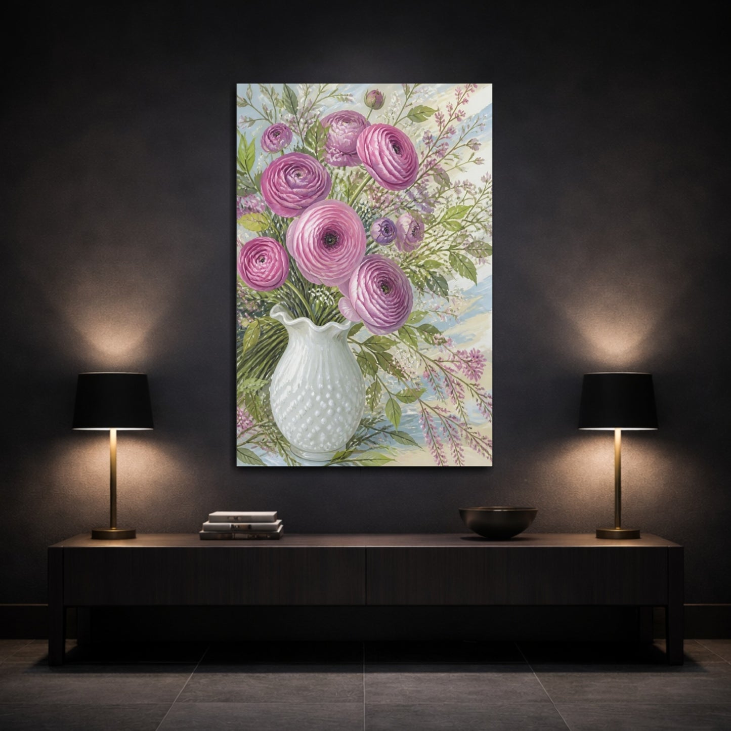 Mockup 3. Pink Ranunculus Flowers shown as canvas print