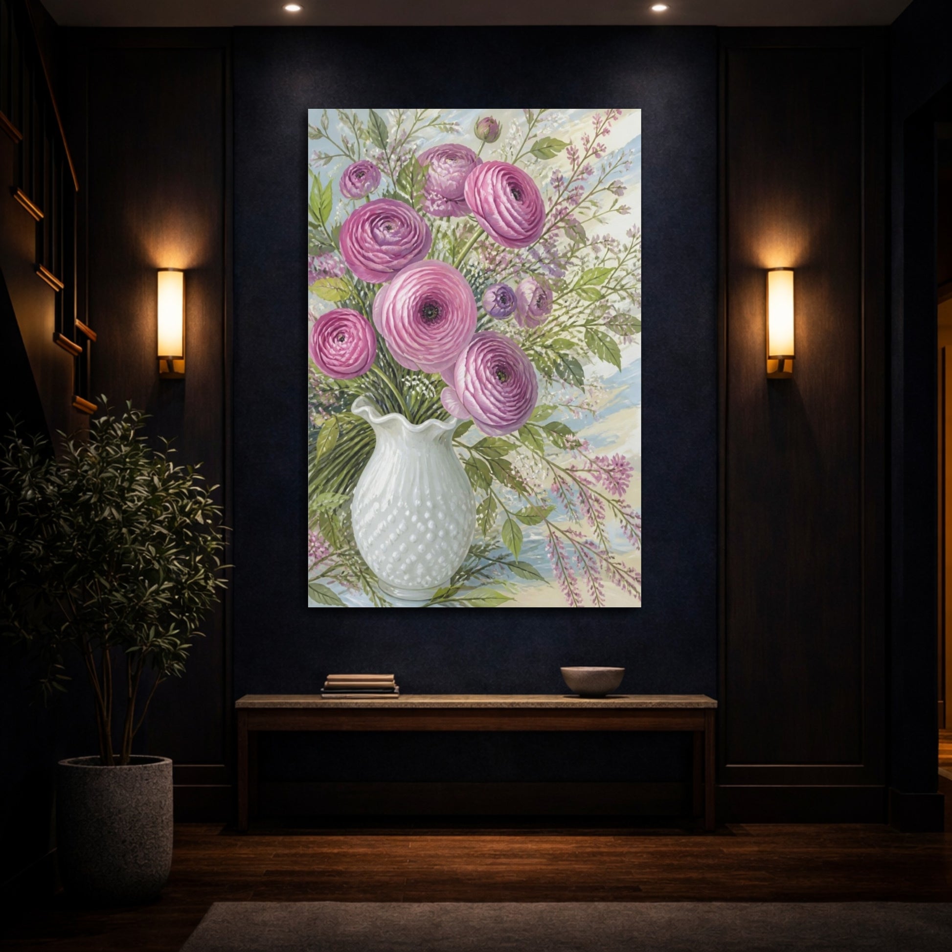 Mockup 4. Pink Ranunculus Flowers shown as canvas print