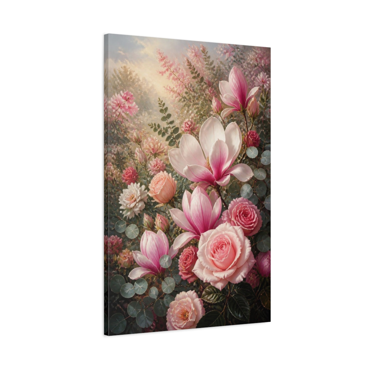 Main Mockup. Pink Roses & Magnolia Flowers shown as canvas print