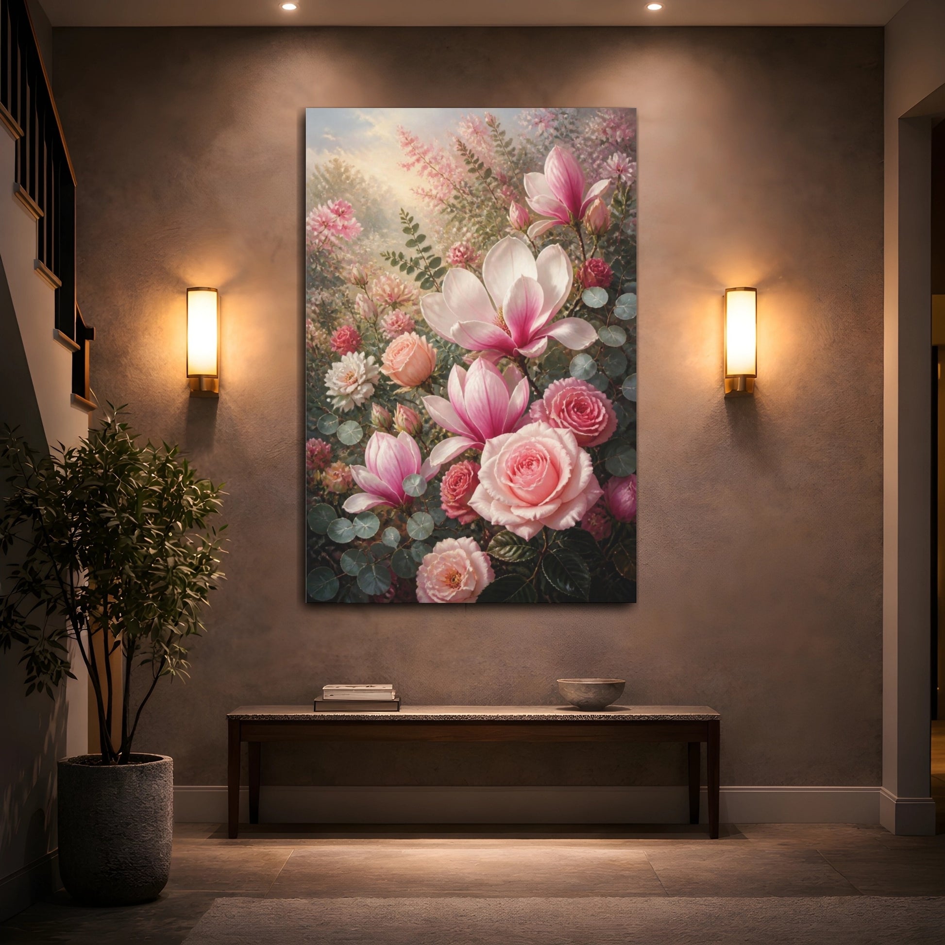Mockup 2. Pink Roses & Magnolia Flowers shown as canvas print