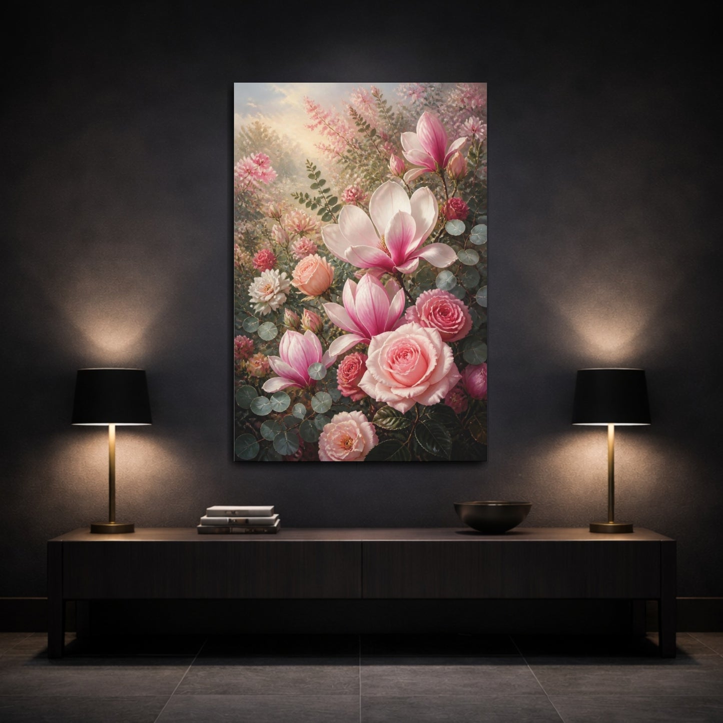 Mockup 3. Pink Roses & Magnolia Flowers shown as canvas print