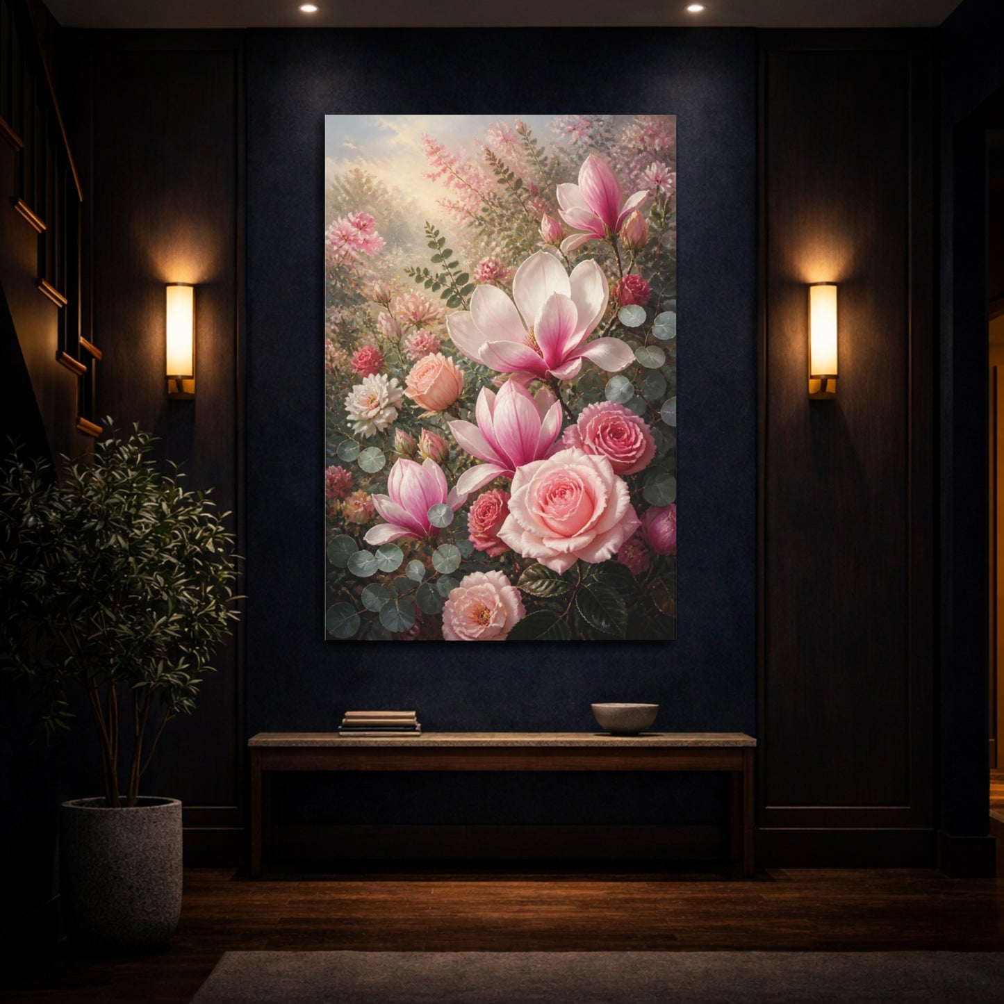 Mockup 4. Pink Roses & Magnolia Flowers shown as canvas print