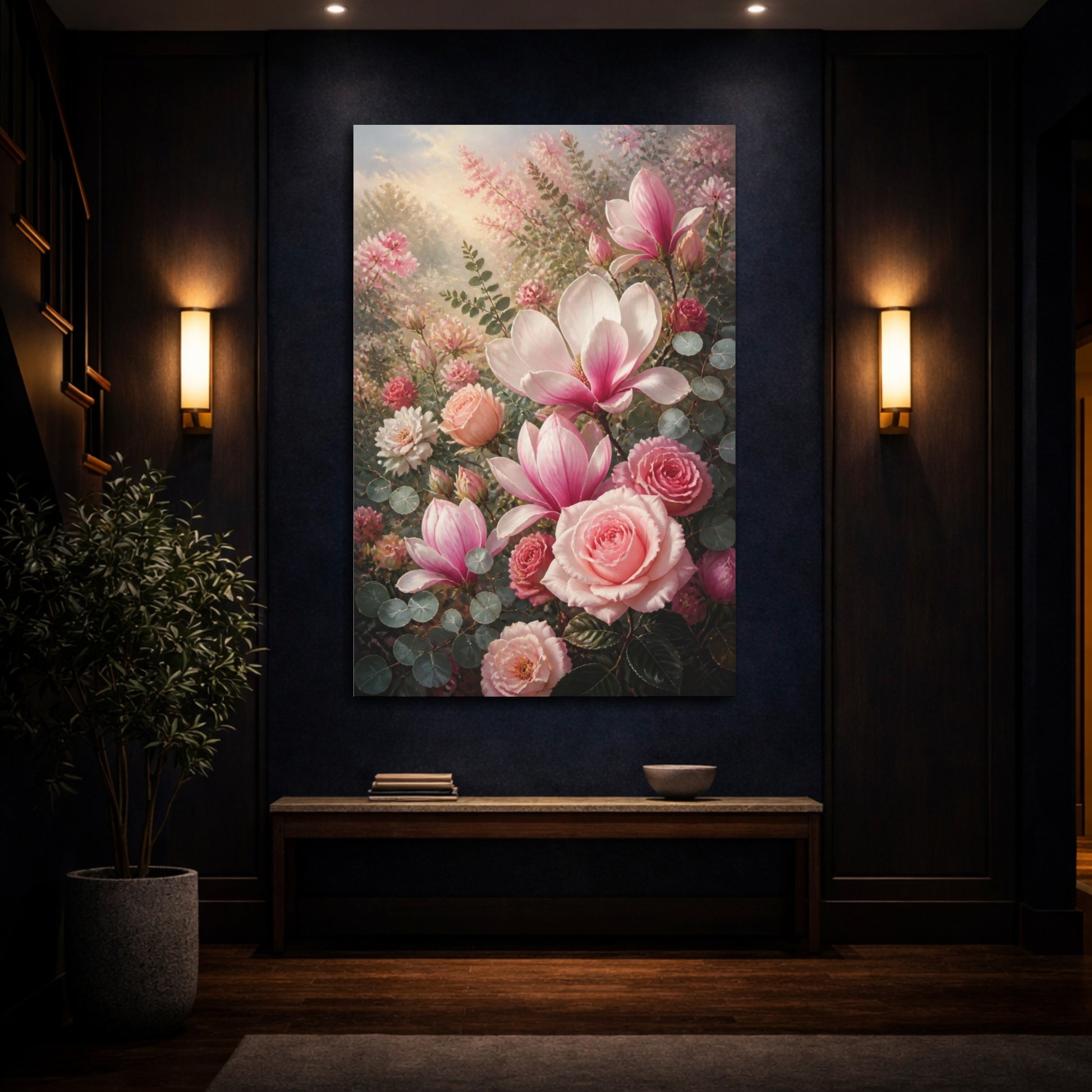 Mockup 4. Pink Roses & Magnolia Flowers shown as canvas print