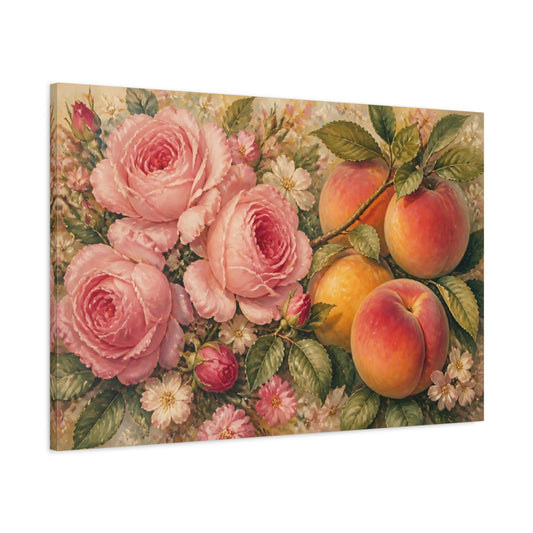 Main Mockup. Pink Roses And Ripe Peaches shown as canvas print