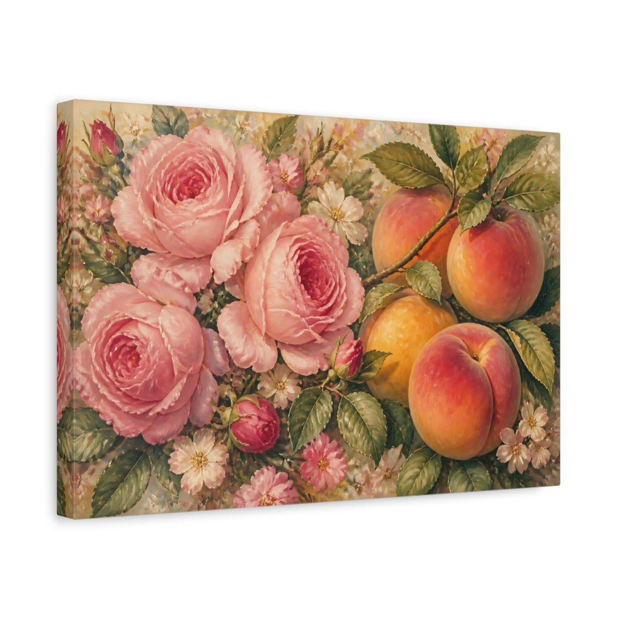 Side Mockup 4. Pink Roses And Ripe Peaches shown as canvas print