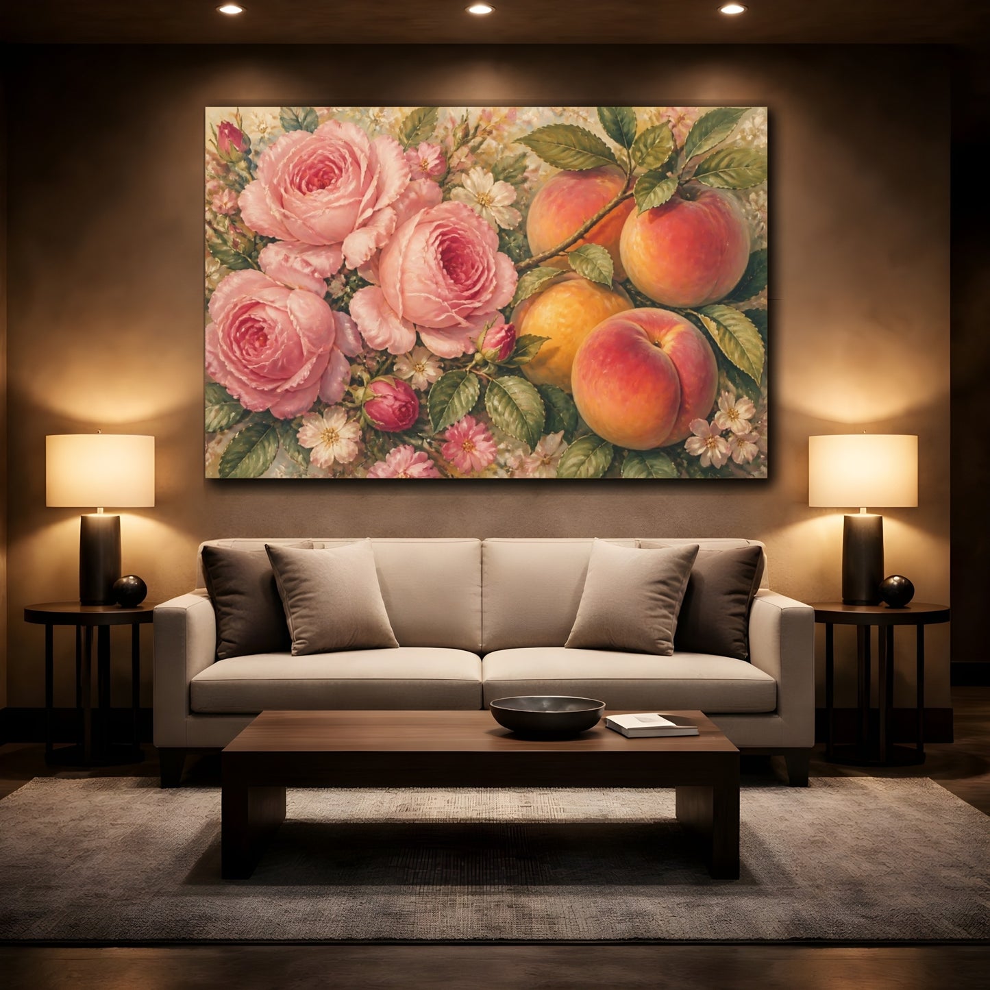 Mockup 2. Pink Roses And Ripe Peaches shown as canvas print