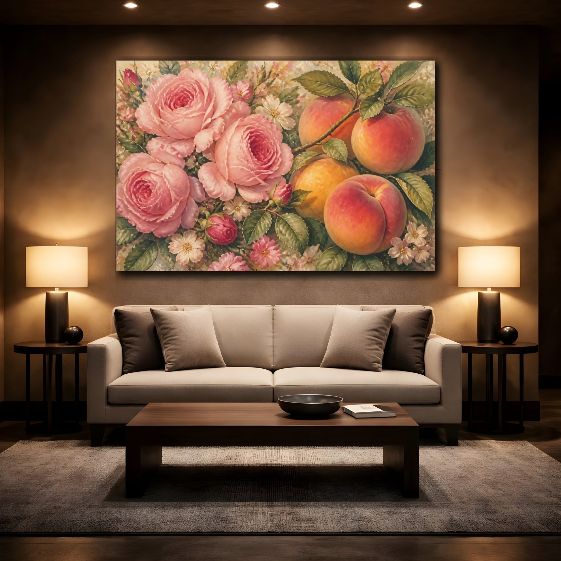 Mockup 2. Pink Roses And Ripe Peaches shown as canvas print