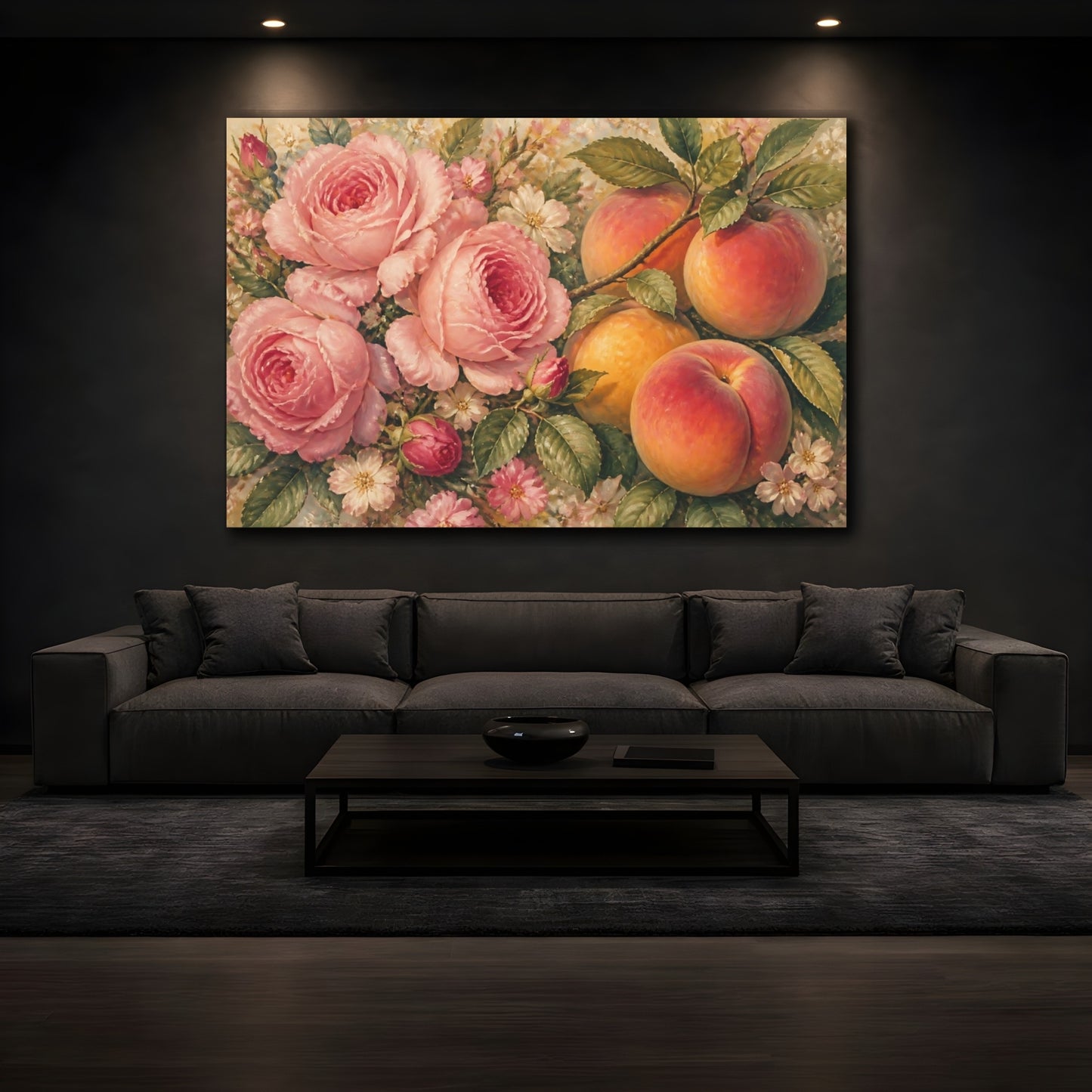 Mockup 3. Pink Roses And Ripe Peaches shown as canvas print