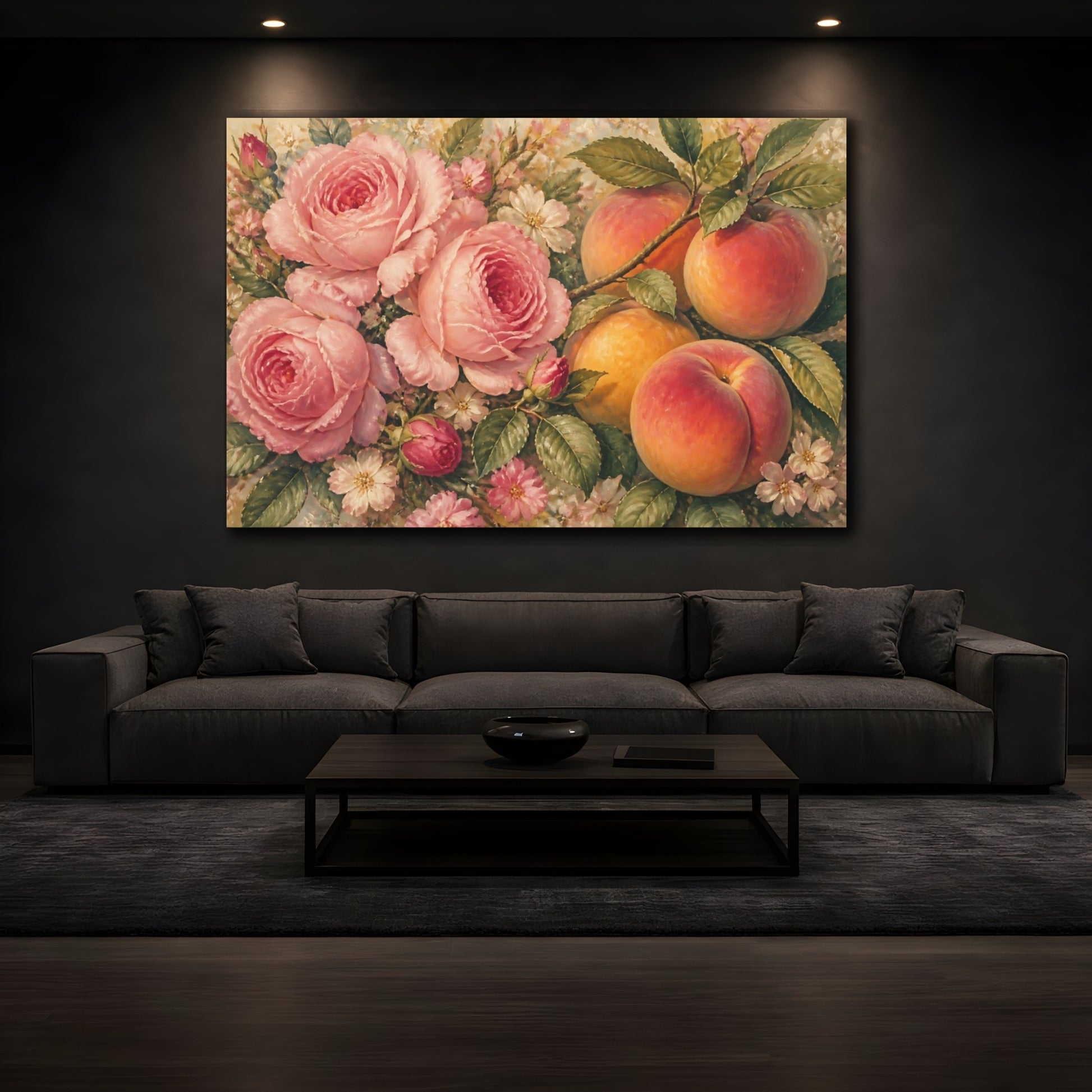 Mockup 3. Pink Roses And Ripe Peaches shown as canvas print