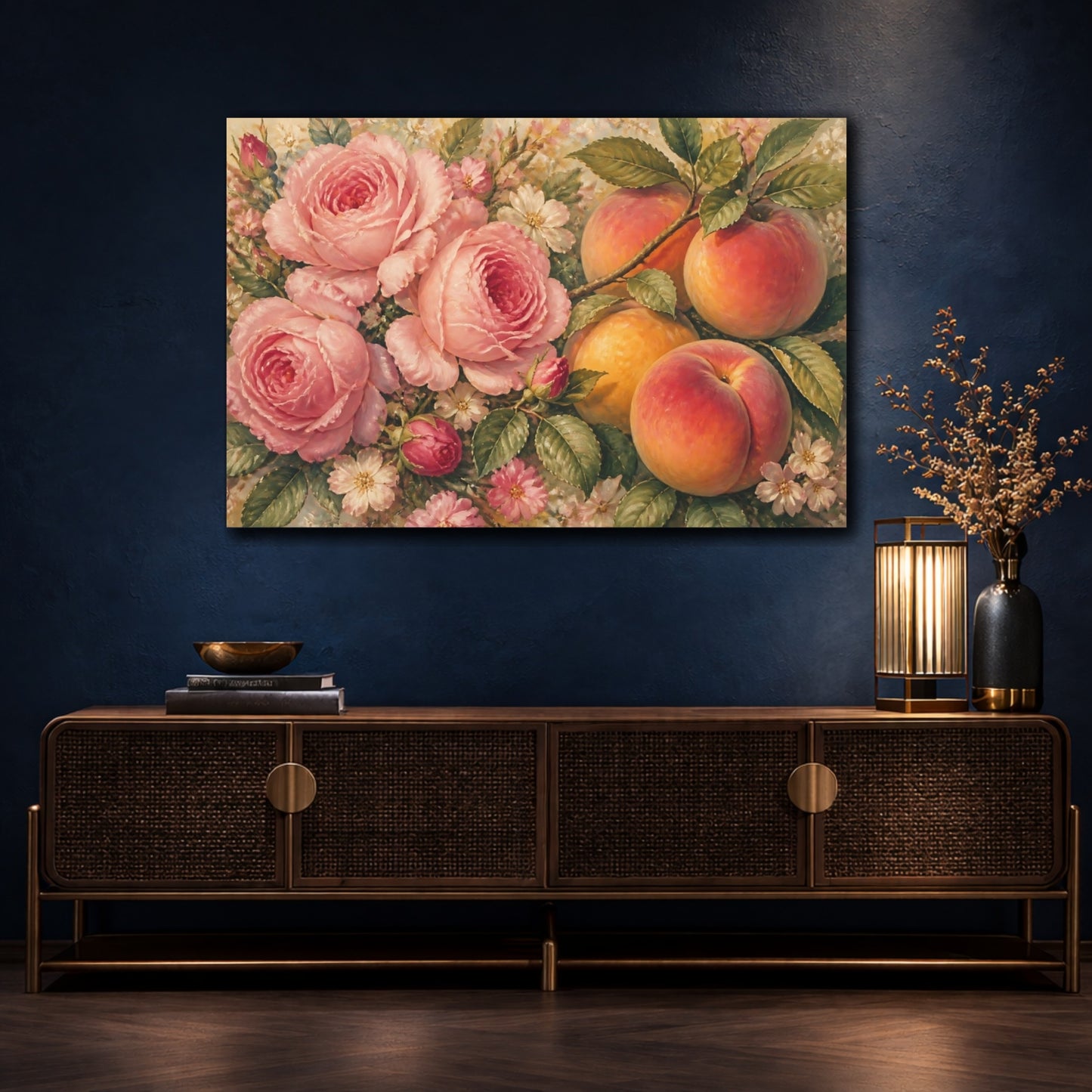 Mockup 4. Pink Roses And Ripe Peaches shown as canvas print