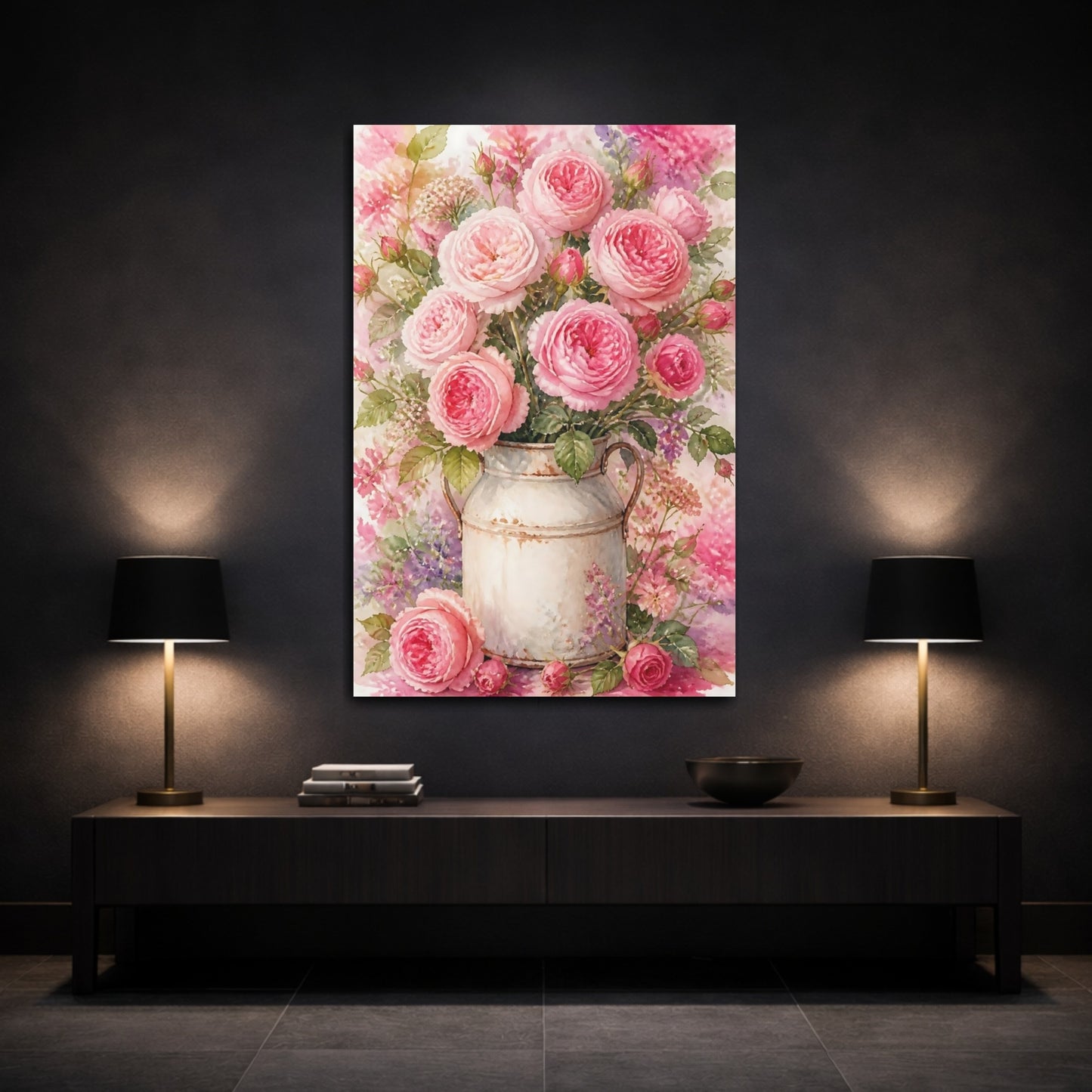 Mockup 3. Pink Roses In Milk Can shown as canvas print