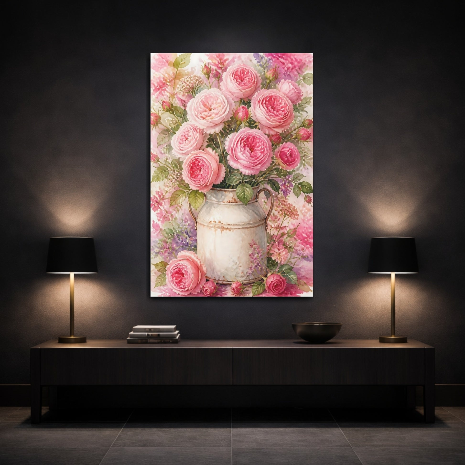 Mockup 3. Pink Roses In Milk Can shown as canvas print