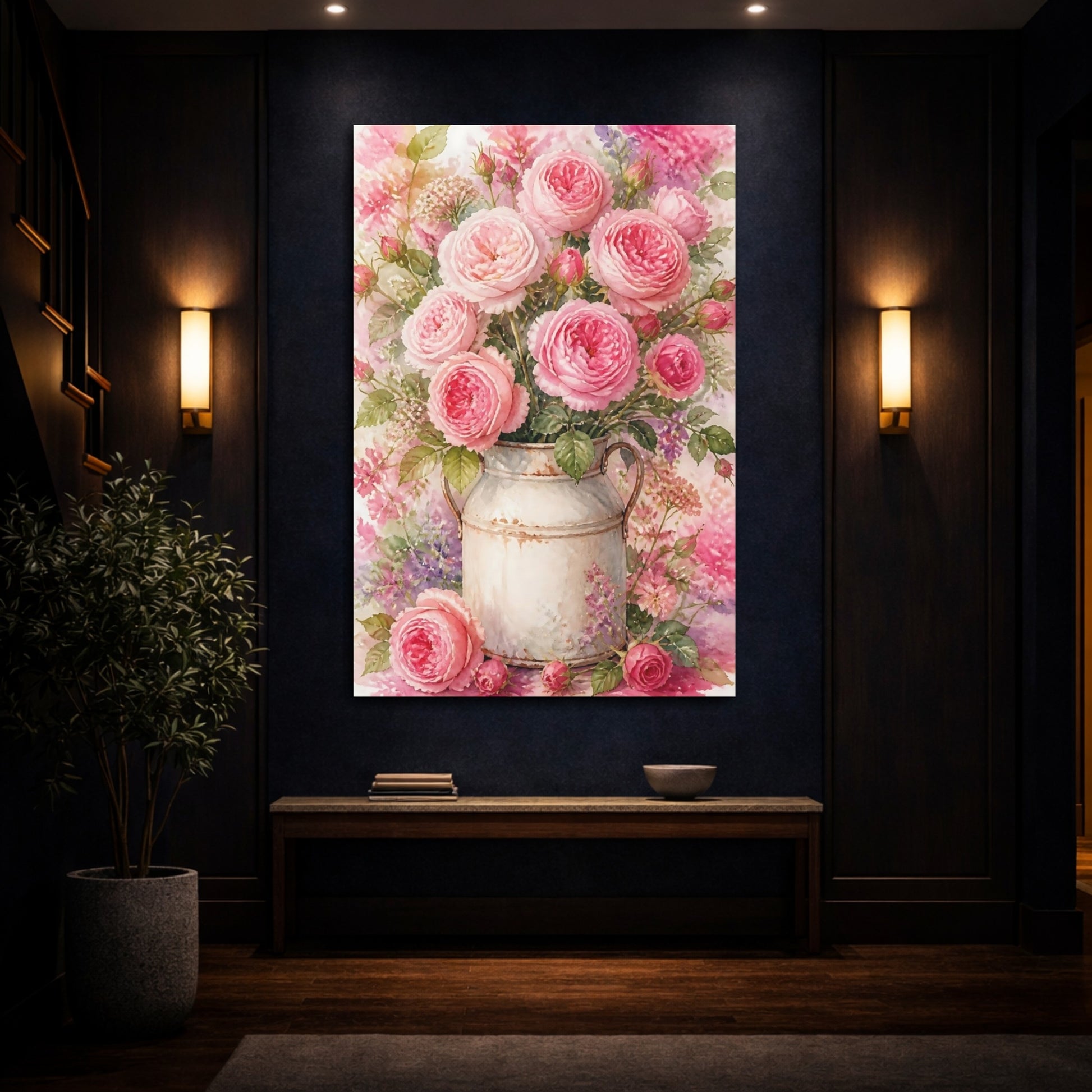 Mockup 4. Pink Roses In Milk Can shown as canvas print