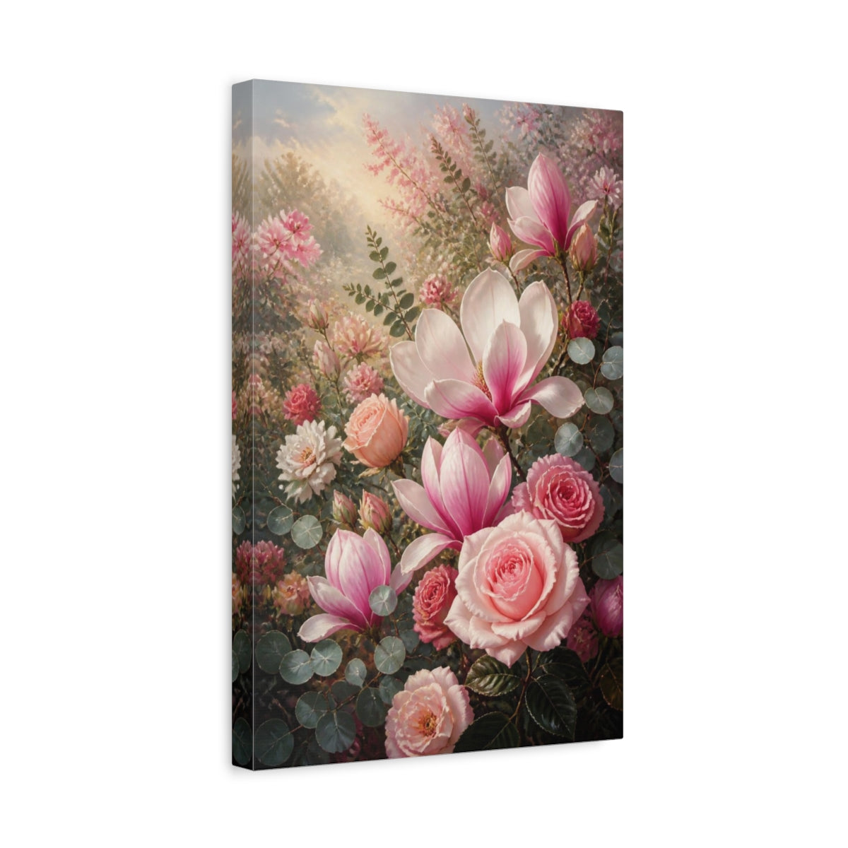 Side Mockup 4. Pink Roses & Magnolia Flowers shown as canvas print